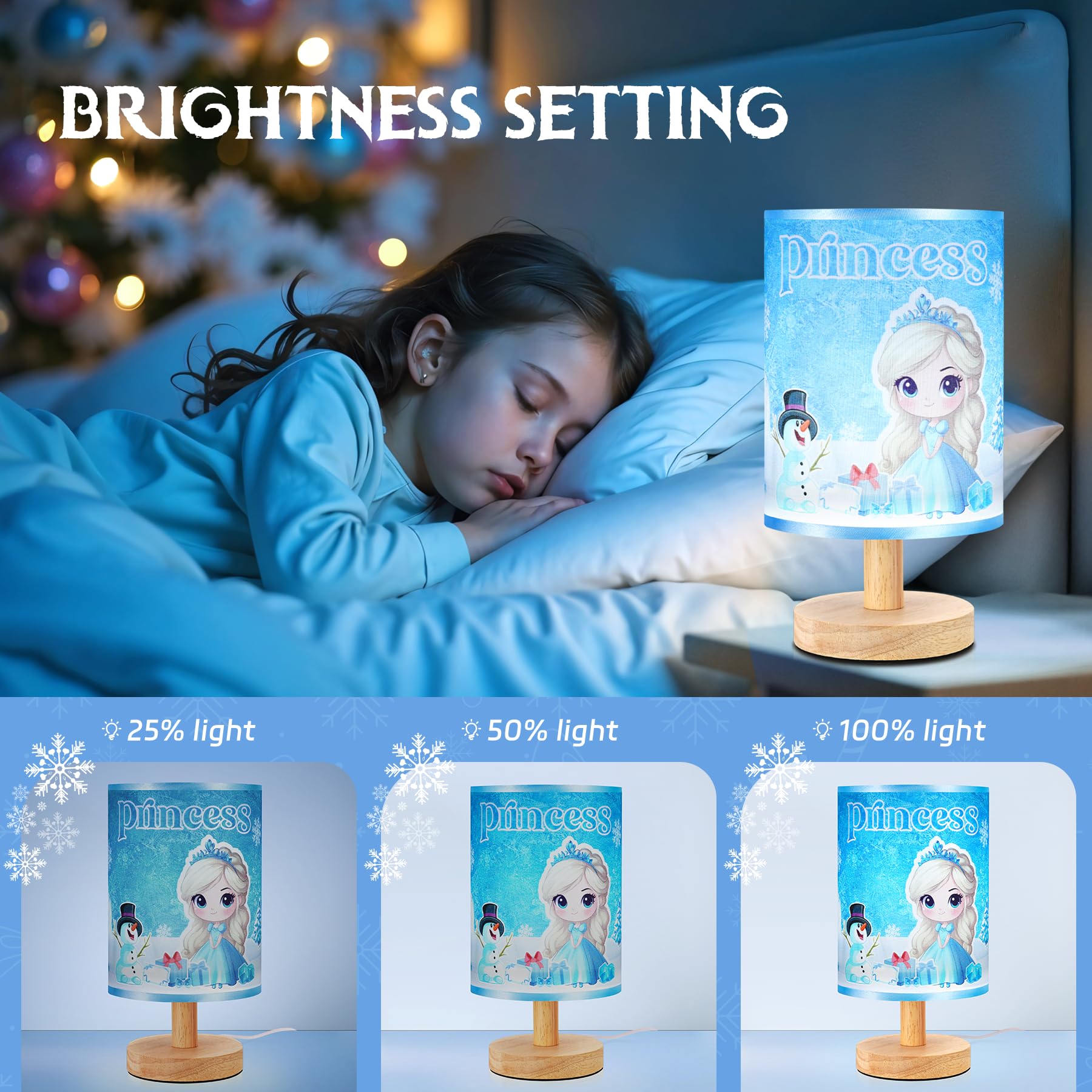 Nuunuy Kids Table Lamp For Girls Room Decor, Wooden Base Round Princess Cartoon Lampshade, Birthday & Christmas For Girls