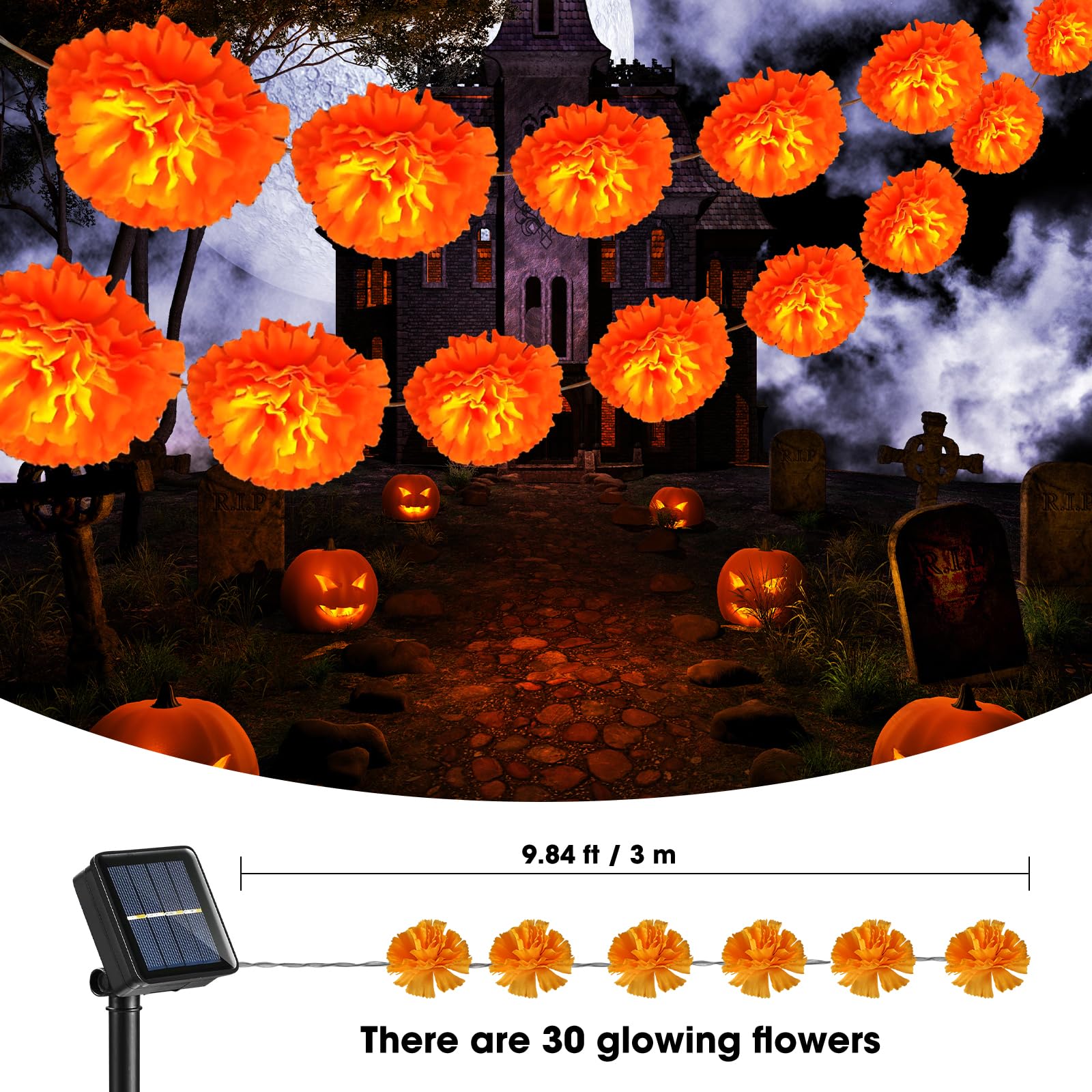 X-Giftkey Solar Marigold String Lights For Halloween Garland Decorations Outdoor,19Ft 30Led Marigold Flowers Halloween Lights,Solar Halloween String Lights For Porch Window Yard Garland Decor