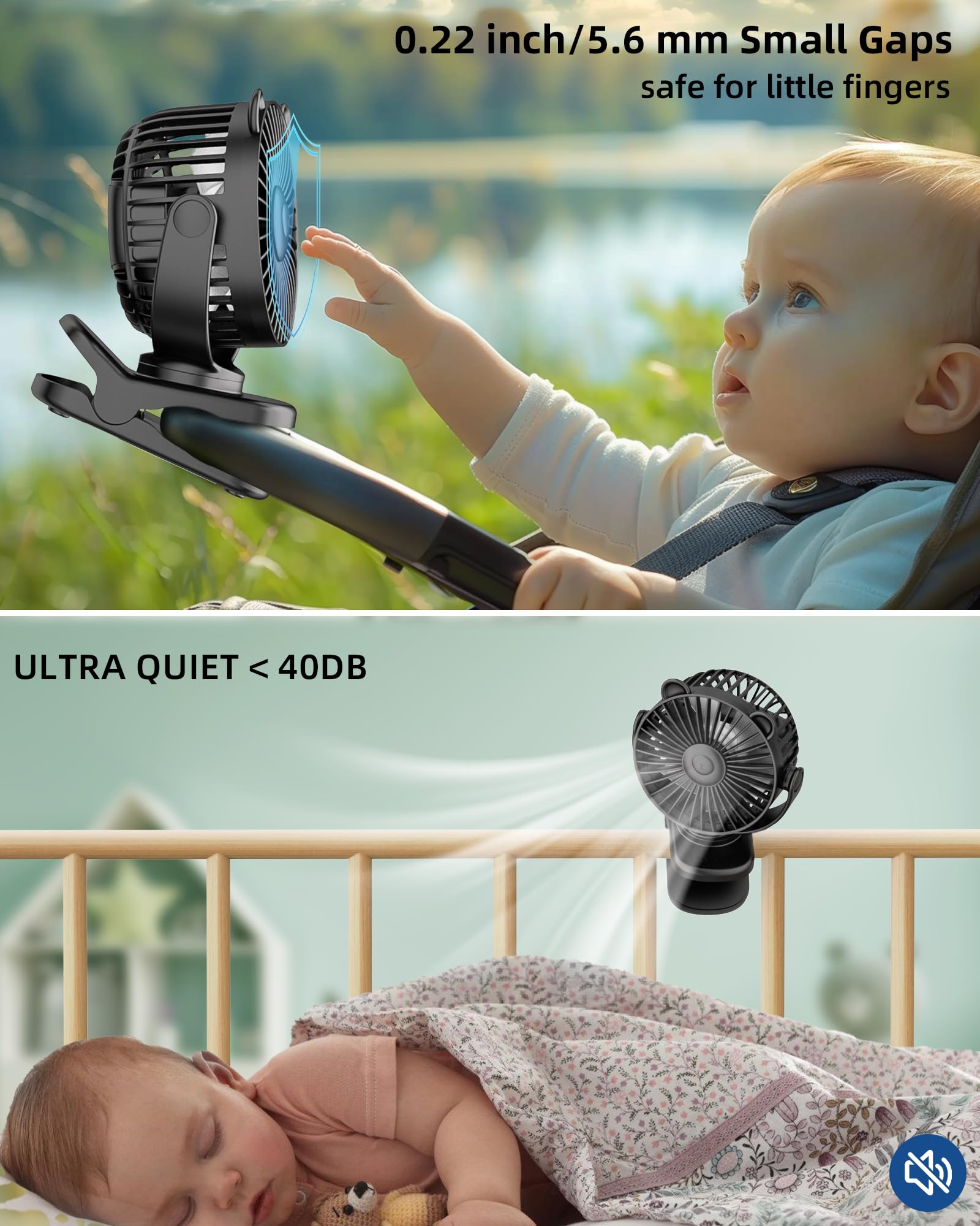 Kidee Portable Clip On Fan, Small Desk Fan Battery Operated, 360° Rotation, Cute Design, 3 Speed