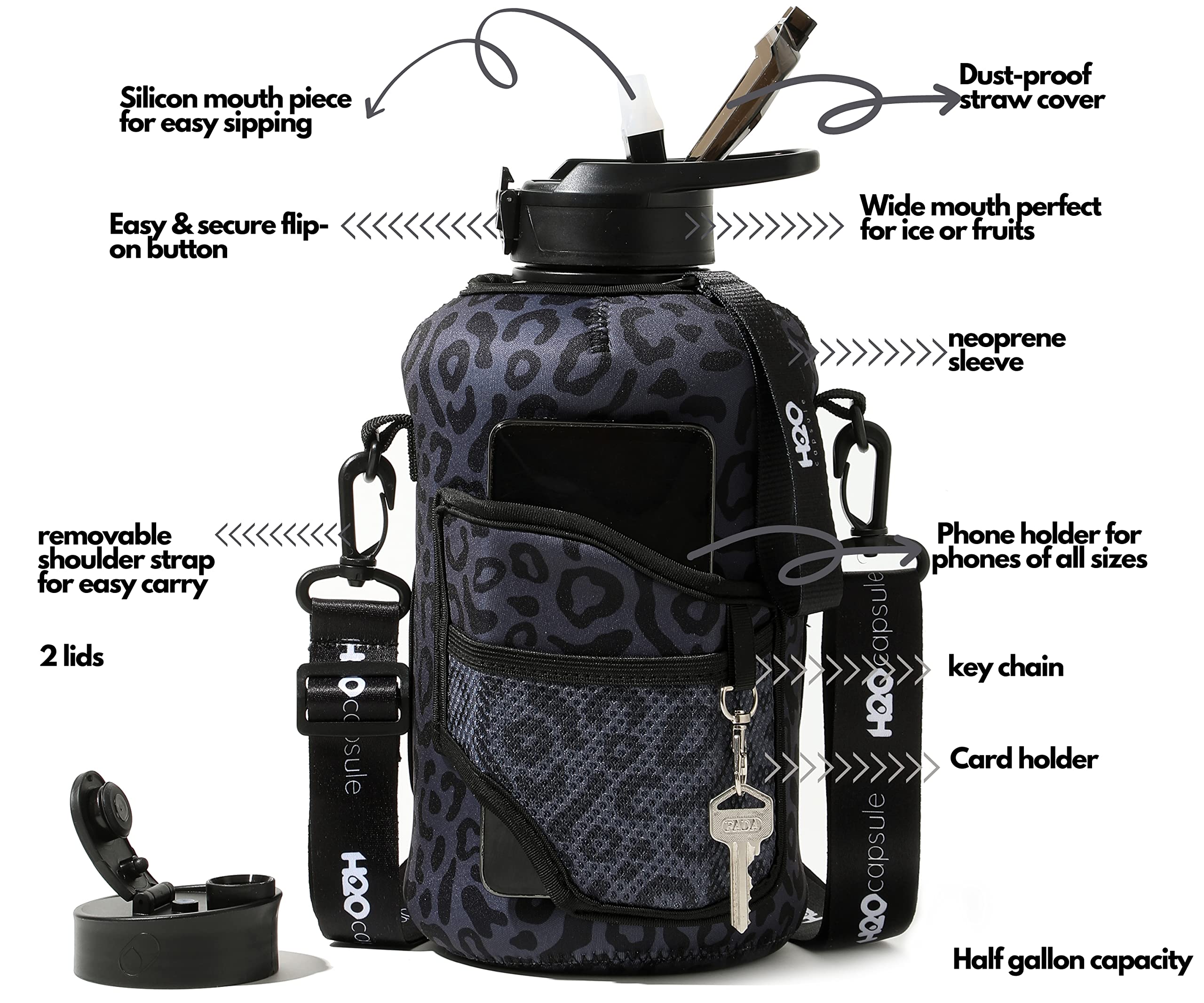 H2O Capsule 2.2L Half Gallon Water Bottle With Storage Sleeve And Removable Straw – Large