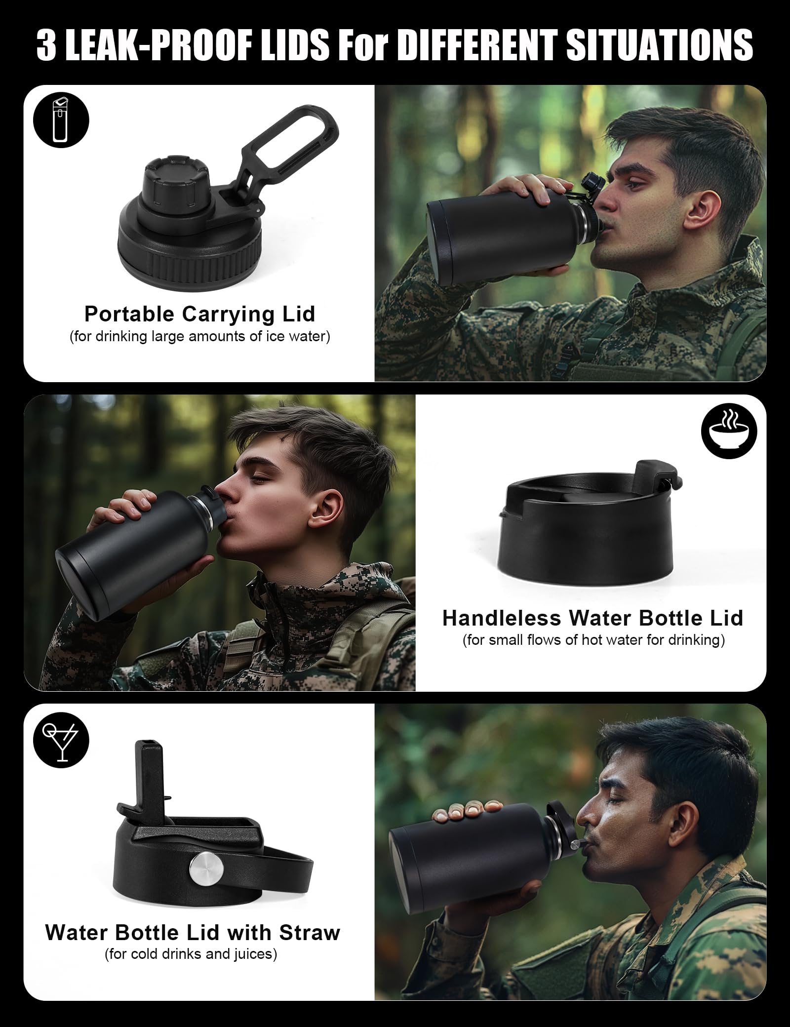 Tactical Half Gallon Water Bottle With Straw, 64 Oz Insulated Water Jug With Molle Sleeve