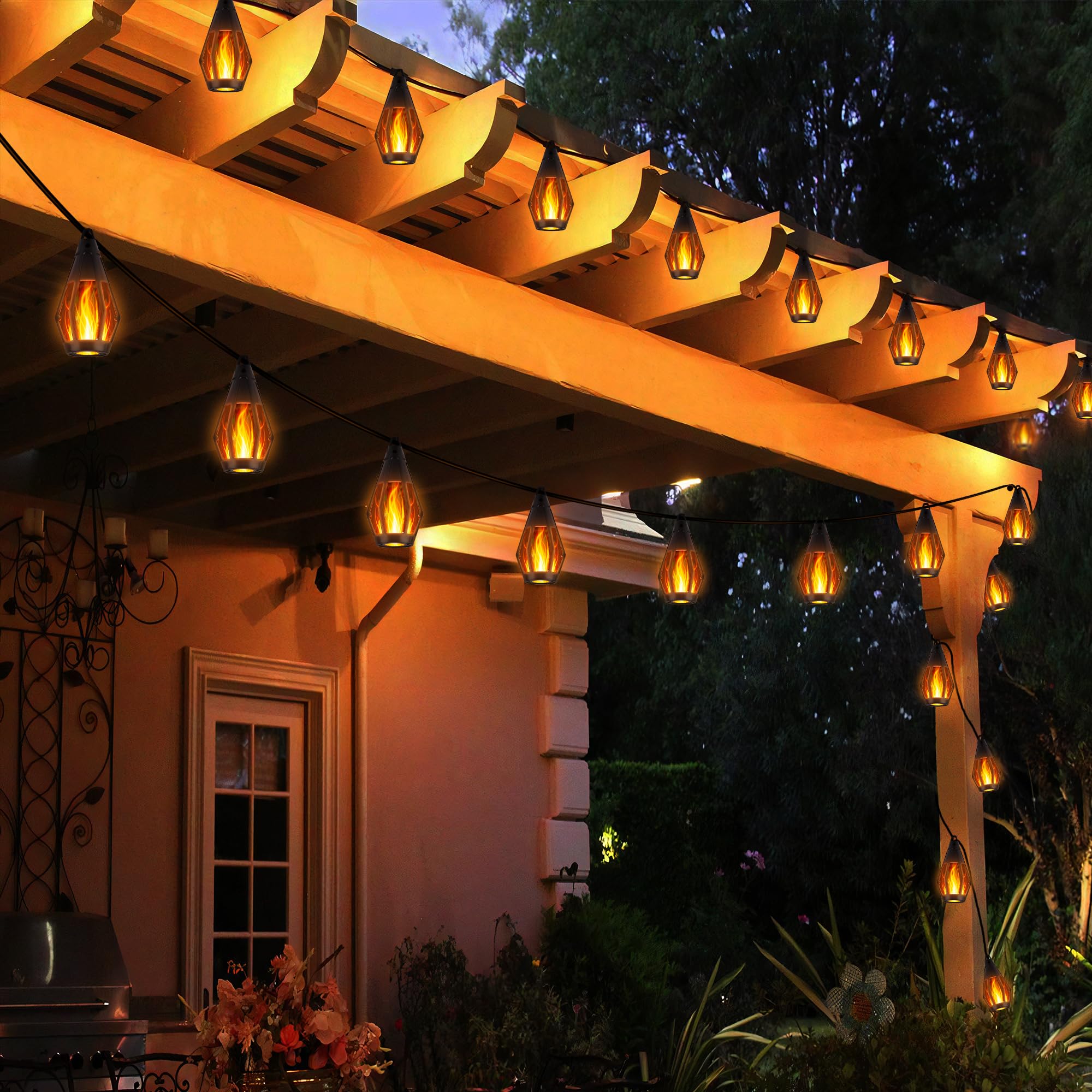 Flacchi Solar Flame String Lights - 48Ft 15 Led Lights Outdoor Solar String Lights For Garden Patio Decoration