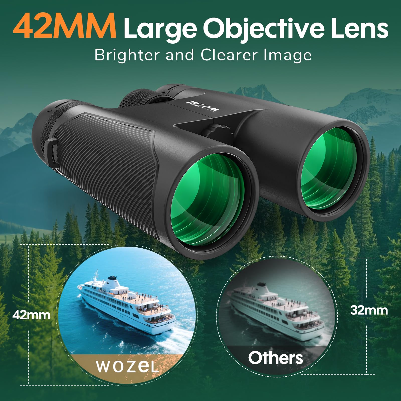 Wozel 16X42 Binoculars For Adults High Powered - Hd Clear Low Light Vision With Large Bright View - Powerful Binoculars For Brid Watching Hunting Travel Hiking Concerts - Black