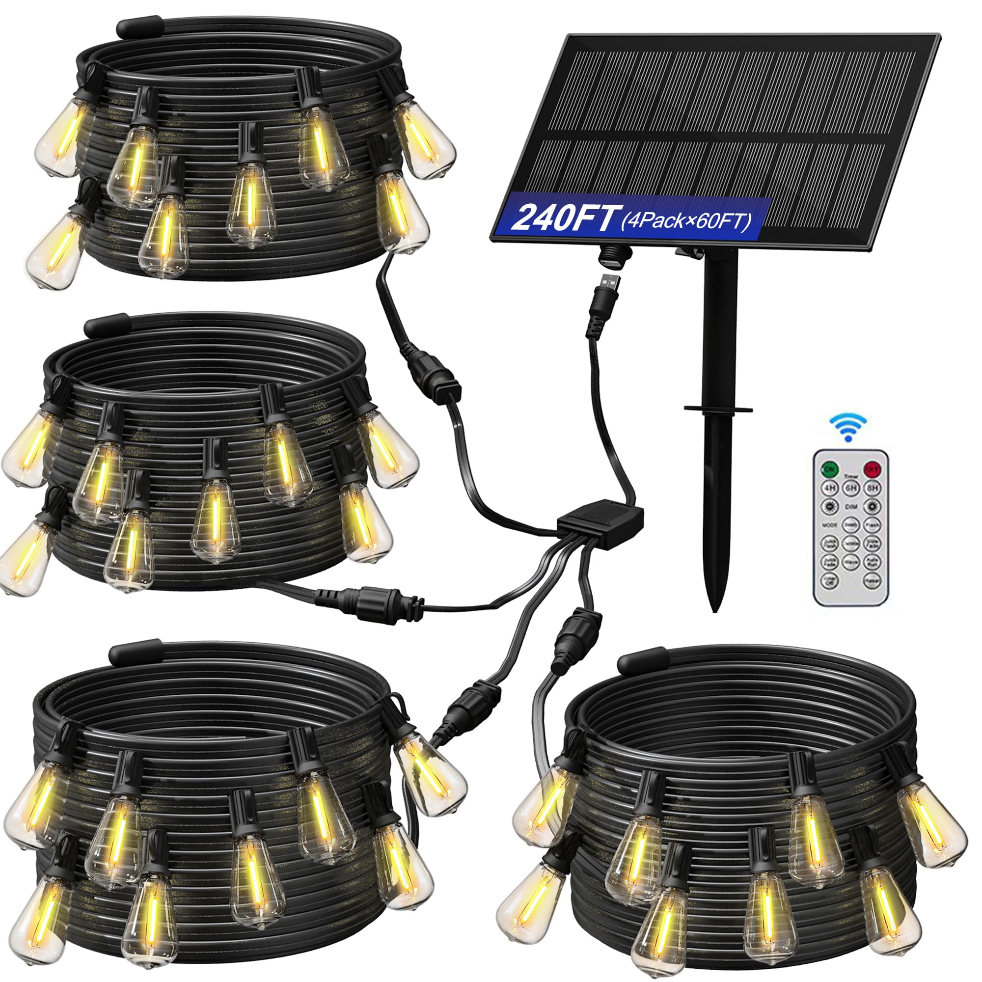 Stright Solar Powered String Light 240Ft With Remote Control 8 Light Modes, Weatherproof Shatterproof St38 Led Bulb, Total 60 Sockets, 1 To 4 Splitter Cord String Lights (End To End 60Ft, Total 240Ft)