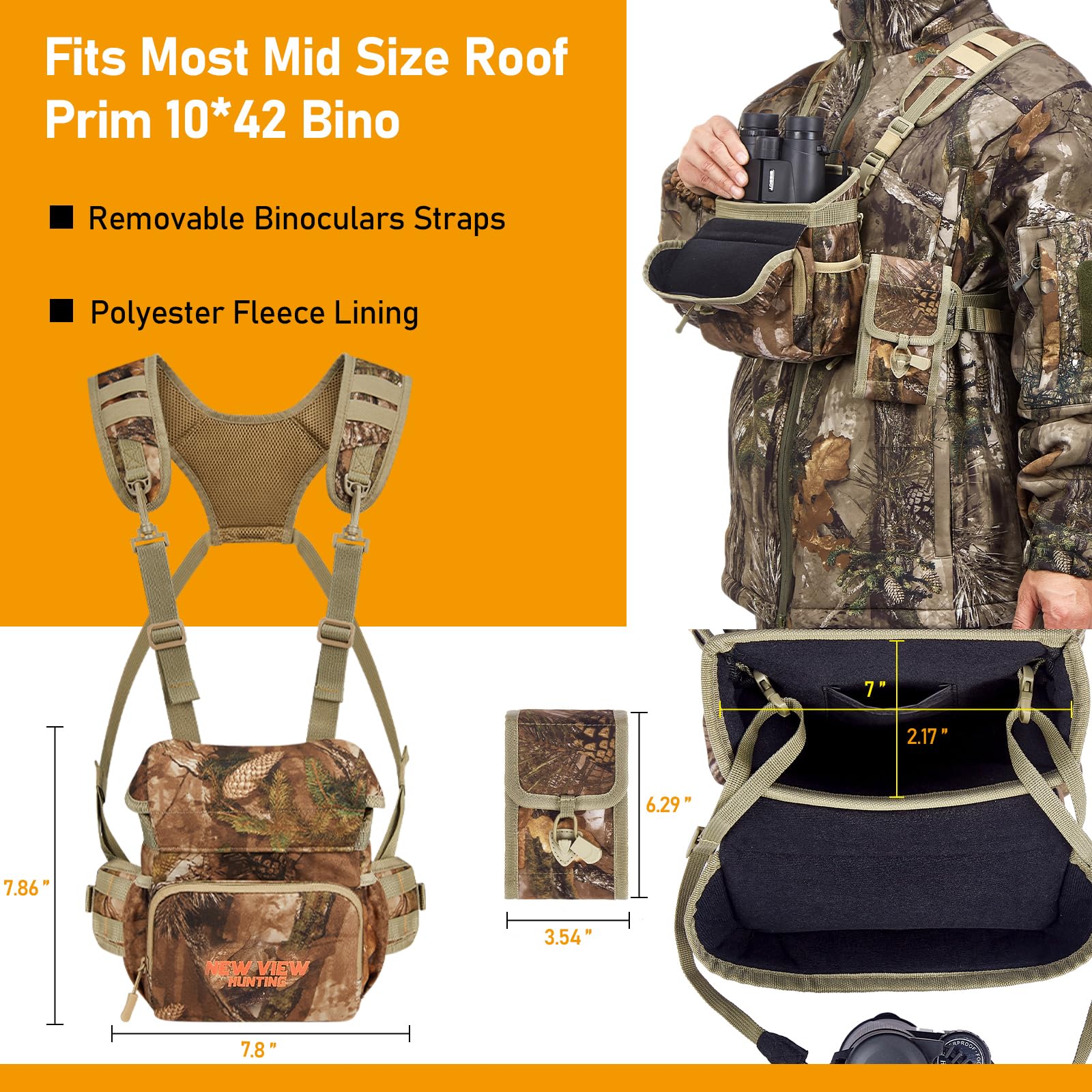 Binocular Harness Chest Pack With Detachable Rangefinder Pouch, Adjustable Bino Harness & Rain Cover, Ideal For Hunting, Hiking - Camo & Quiet L