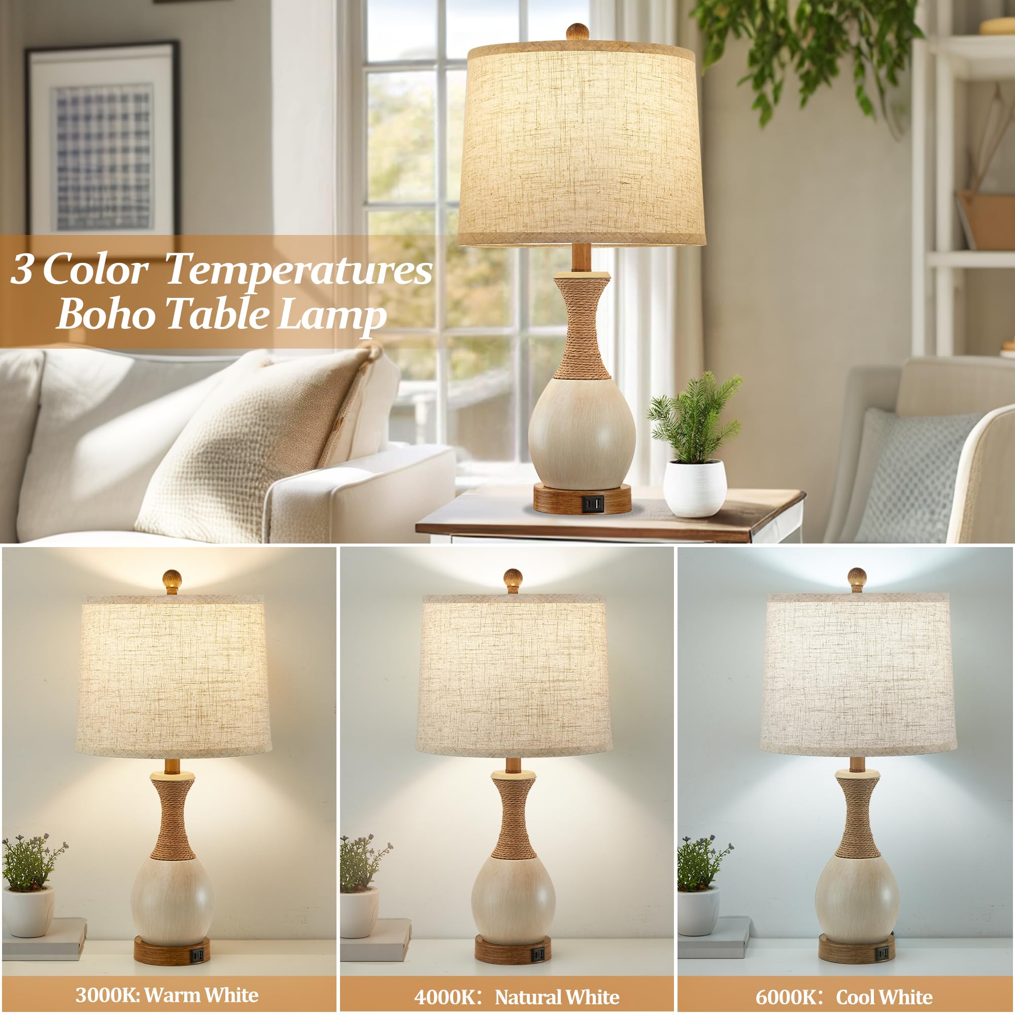 Ejiaxin Table Lamp For Bedroom Set Of 2 - Bedside Table Lamps With 3 Color Temperatures - Boho Rattan Lamps For Nightstand With Usb A+C Charging Ports Farmhouse Living Room Lamp Bulb Included