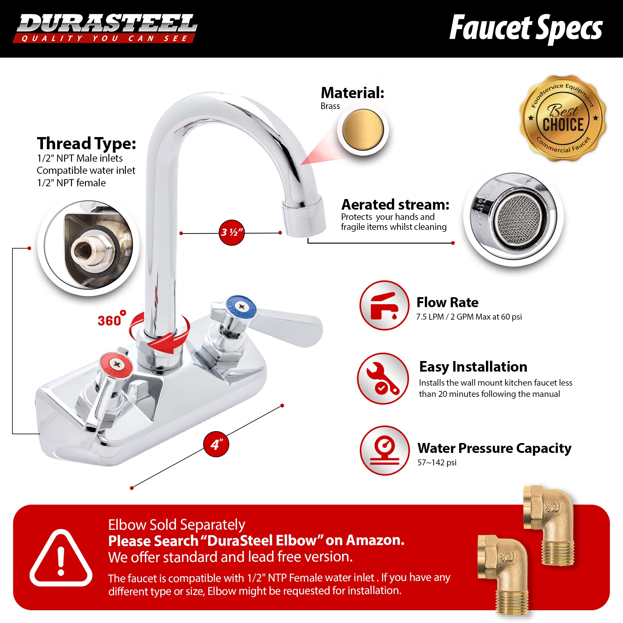Durasteel Commercial Hand Sink Faucet - 4 Inch Center Wall Mount Handwash Sink Faucet With 3-1/2" Gooseneck Spout - Cec  Saving Water - Dual Swing