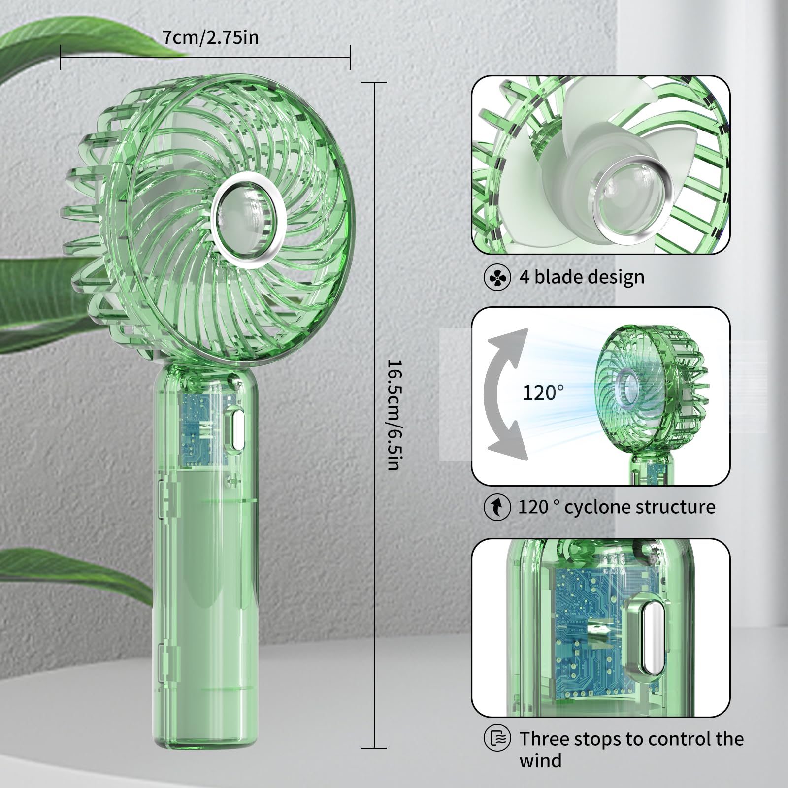 Portable Mini Handheld Fan,Transparent Design Small Fan Adjustable Usb Rechargeable 3 Speed Powerful