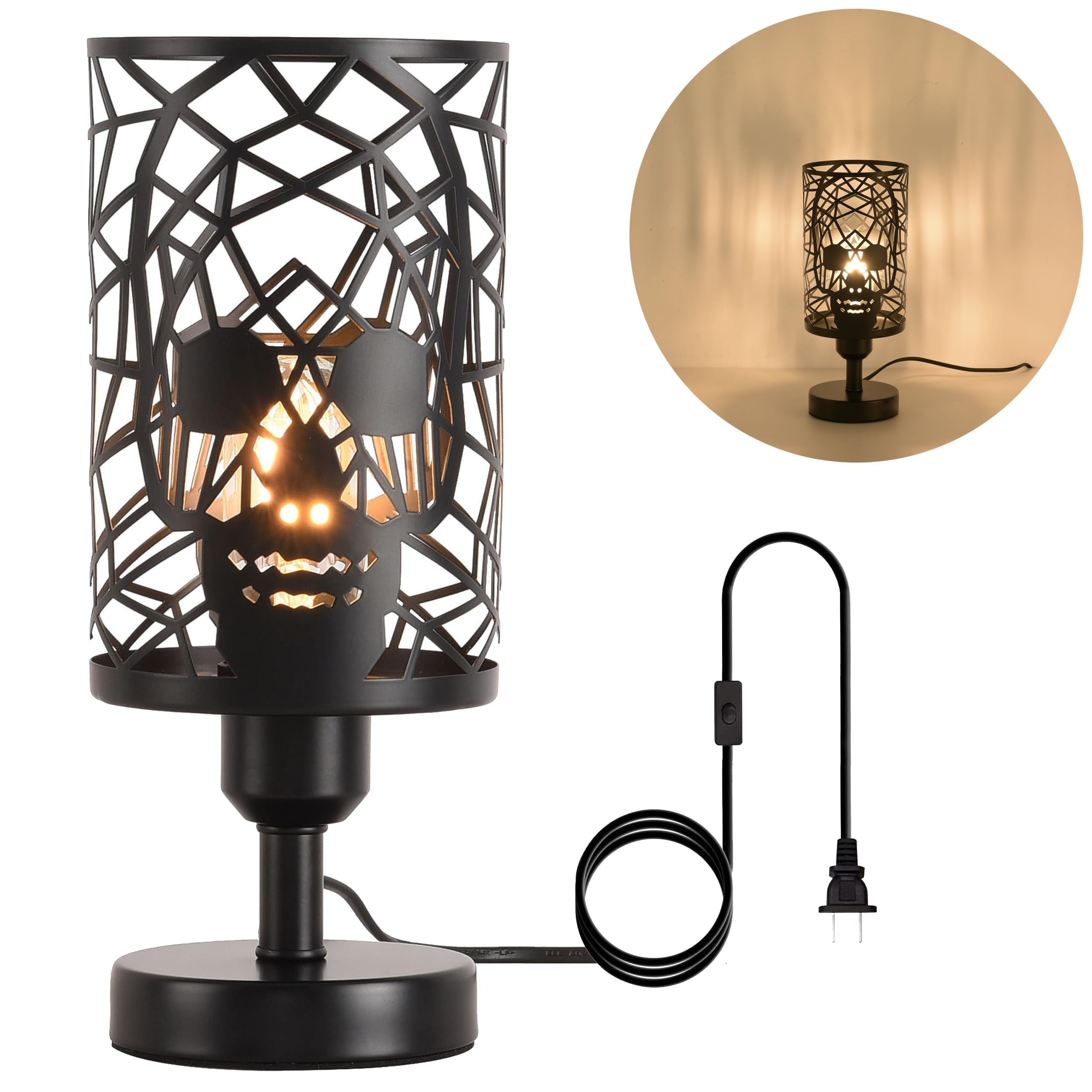 Modxian Skull Table Lamp With Plug-In Switch, Black Industrial Nightstand Lamp With Round Skull Metal Cage Lampshades, E26 Goth Desk Lamp For Bedroom, Festive (Plug-In Switch Lamp)