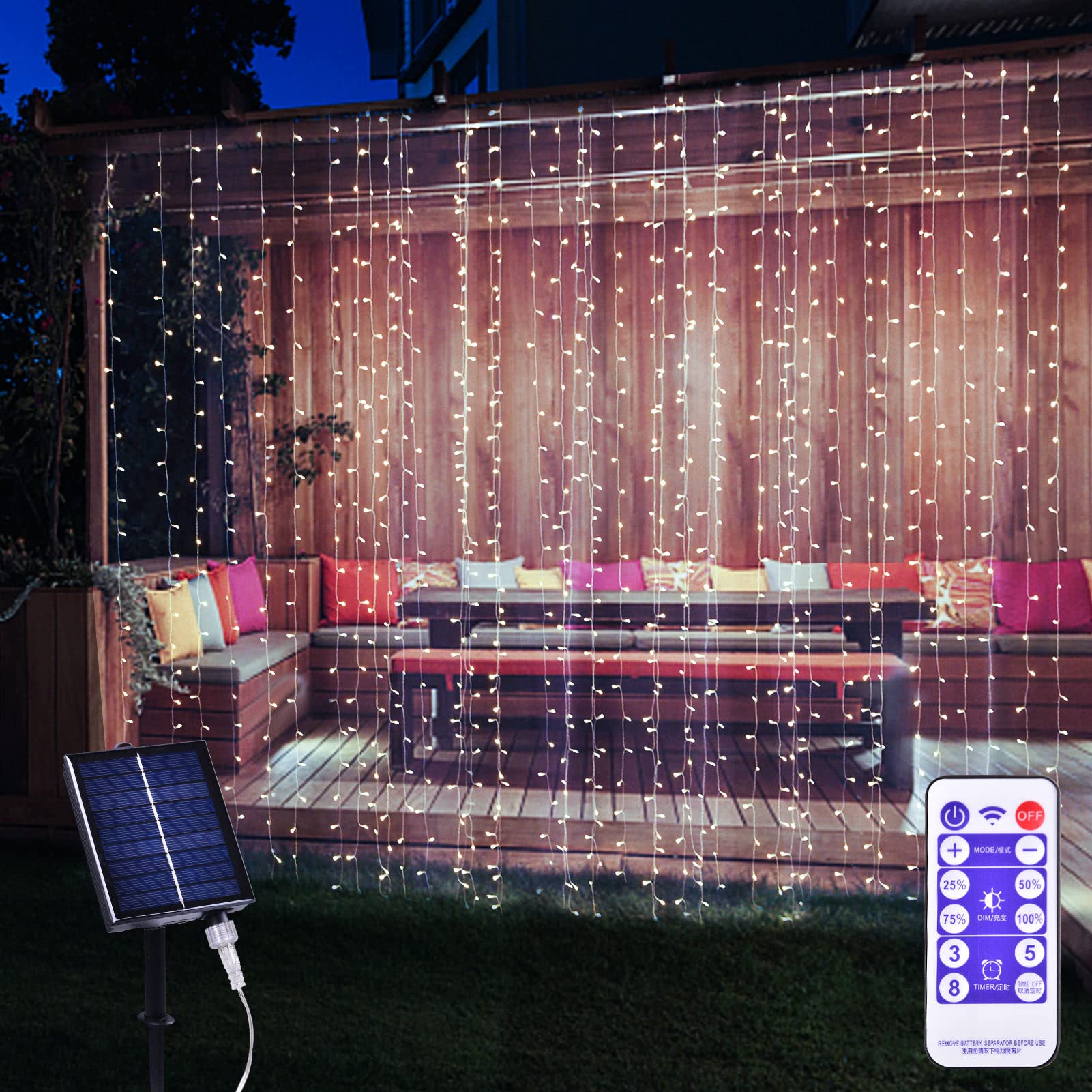 Xinxianlian 300Led Solar Curtain Lights - Outdoor/Indoor Solar String Lights With 8 Modes & Waterproof Design For Home Garden Patent Decoration (Cold White)