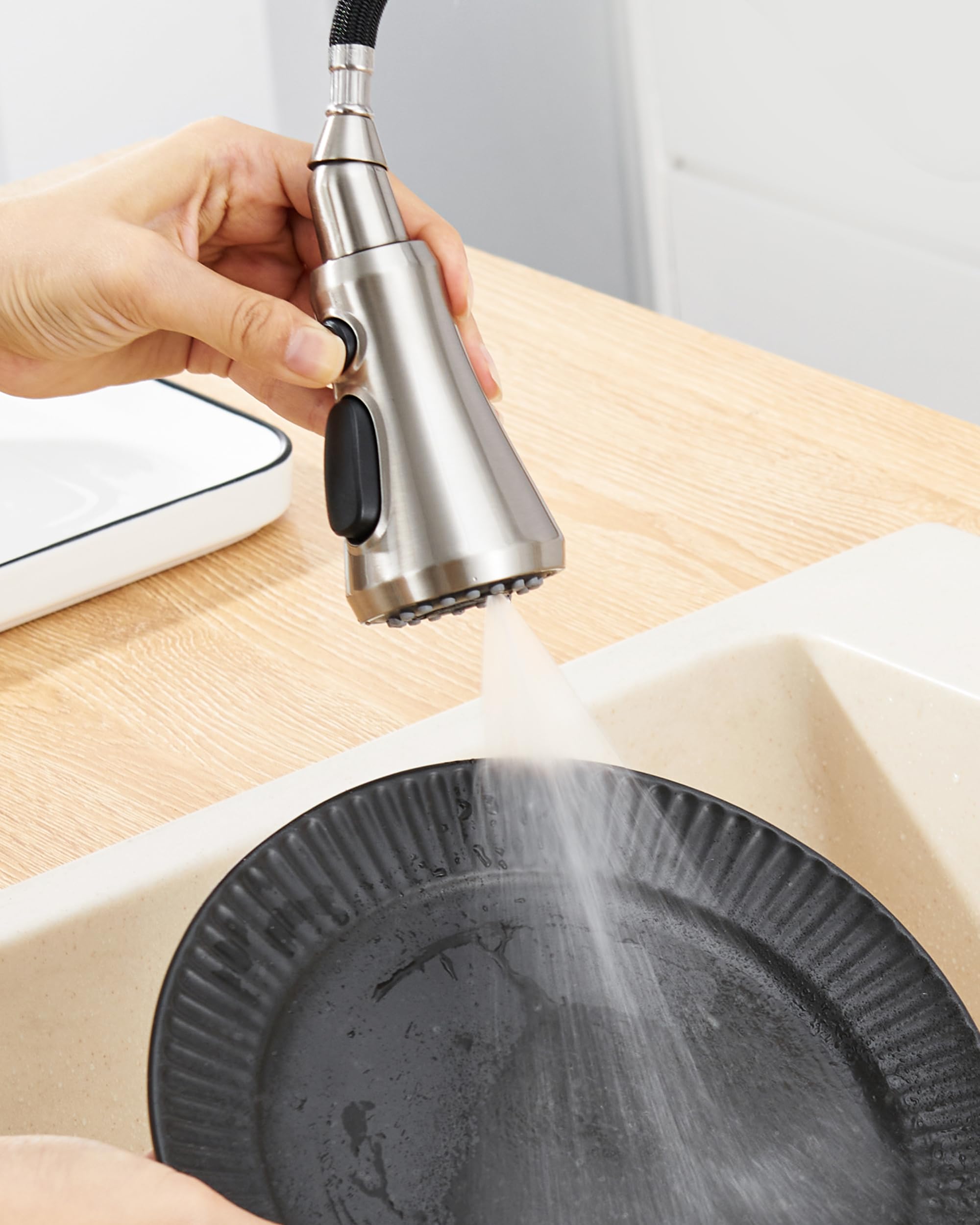 Heisok Kitchen Faucet Head Replacement, 3-Function Pull Down Faucet Spray Head With 15 Adapters - Replacement Pull-Out Sink Spout Sprayer Nozzle, Brushed Nickel