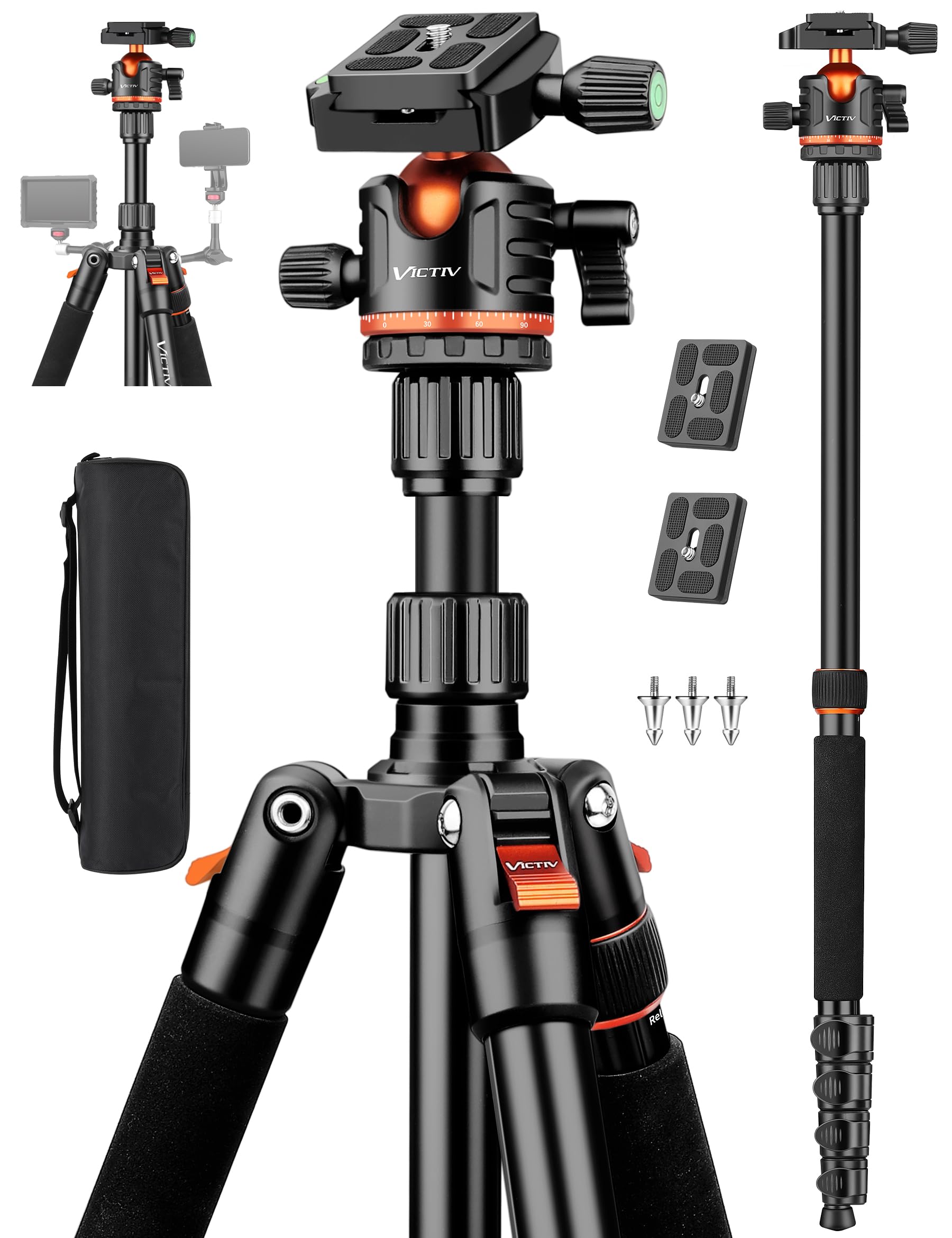 Victiv 78" Dslr Camera Tripod Monopod, Aluminum Compact Camera Stand Tripod Heavy Duty, Professional Photography Tripod For Travel, 360° Ball Head Tripod For Spotting Scope Telescope Binoculars