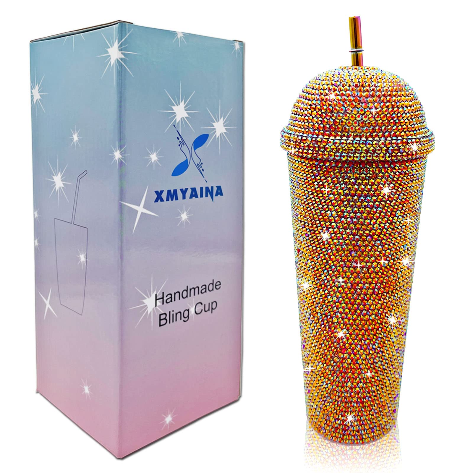 24Oz Bling Cup Handmade Rhinestones Studded Tumbler Double Wall Insulated Plastic Reusable