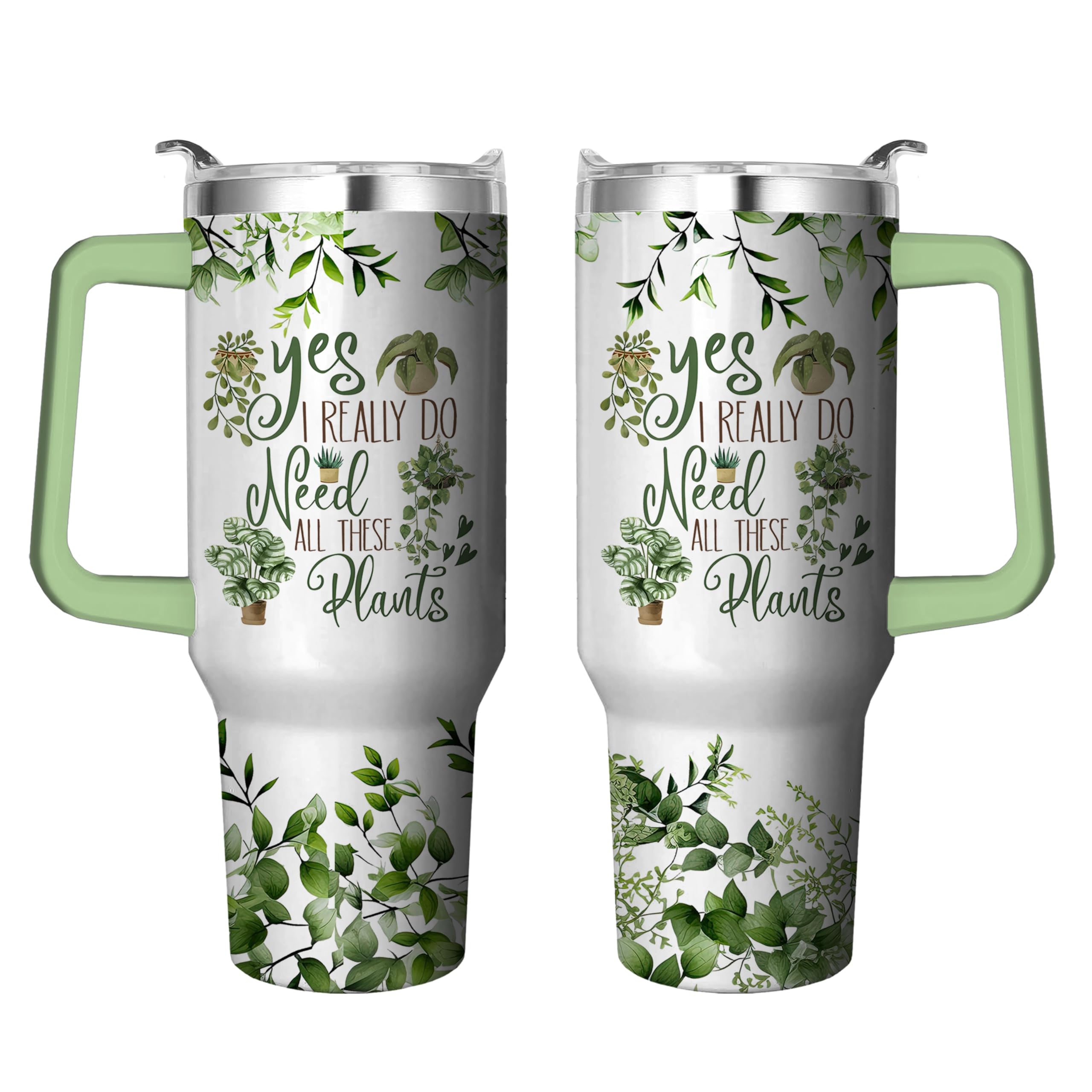40 Oz Plant Tumbler With Handle And Straw, Double Wall Coffee Travel Mug Leak Proof, Stainless