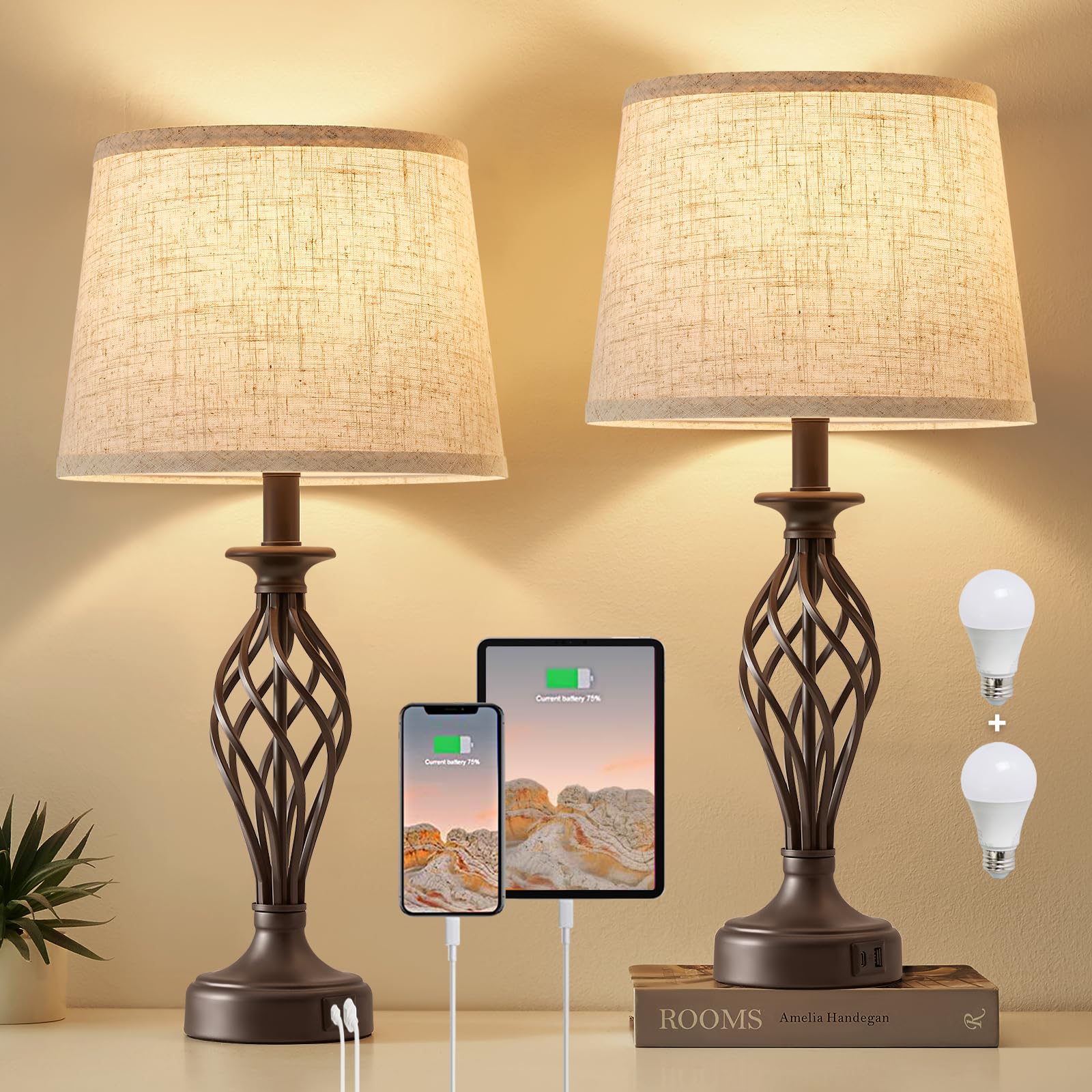 Ejiaxin Table Lamp For Bedroom Set Of 2 With Usb C+A Ports - Modern Brown Bedside Lamps With Spiral Cage Base Fabric Shade - Nightstand Lamp For Living Room Reading Bed Side End Table 2 Led Bulbs Included