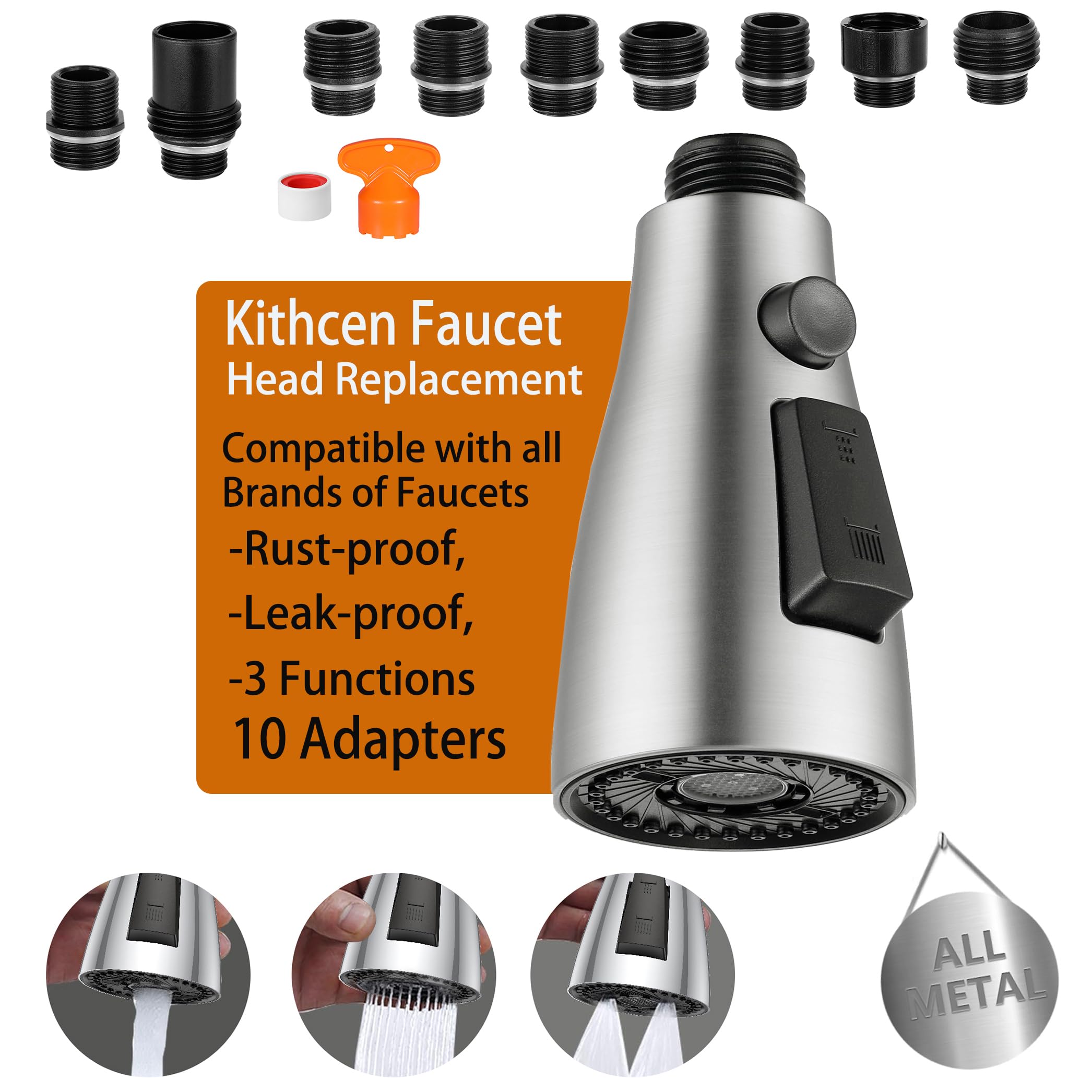 Pzto Kitchen Faucet Head Replacement,Rust-Proof, Fits All Pull Down Sink Faucets Metal Sprayers Parts, With 10 Adapters, 3-Function Cleaning, Compatible With American Standard Brushed Nickel