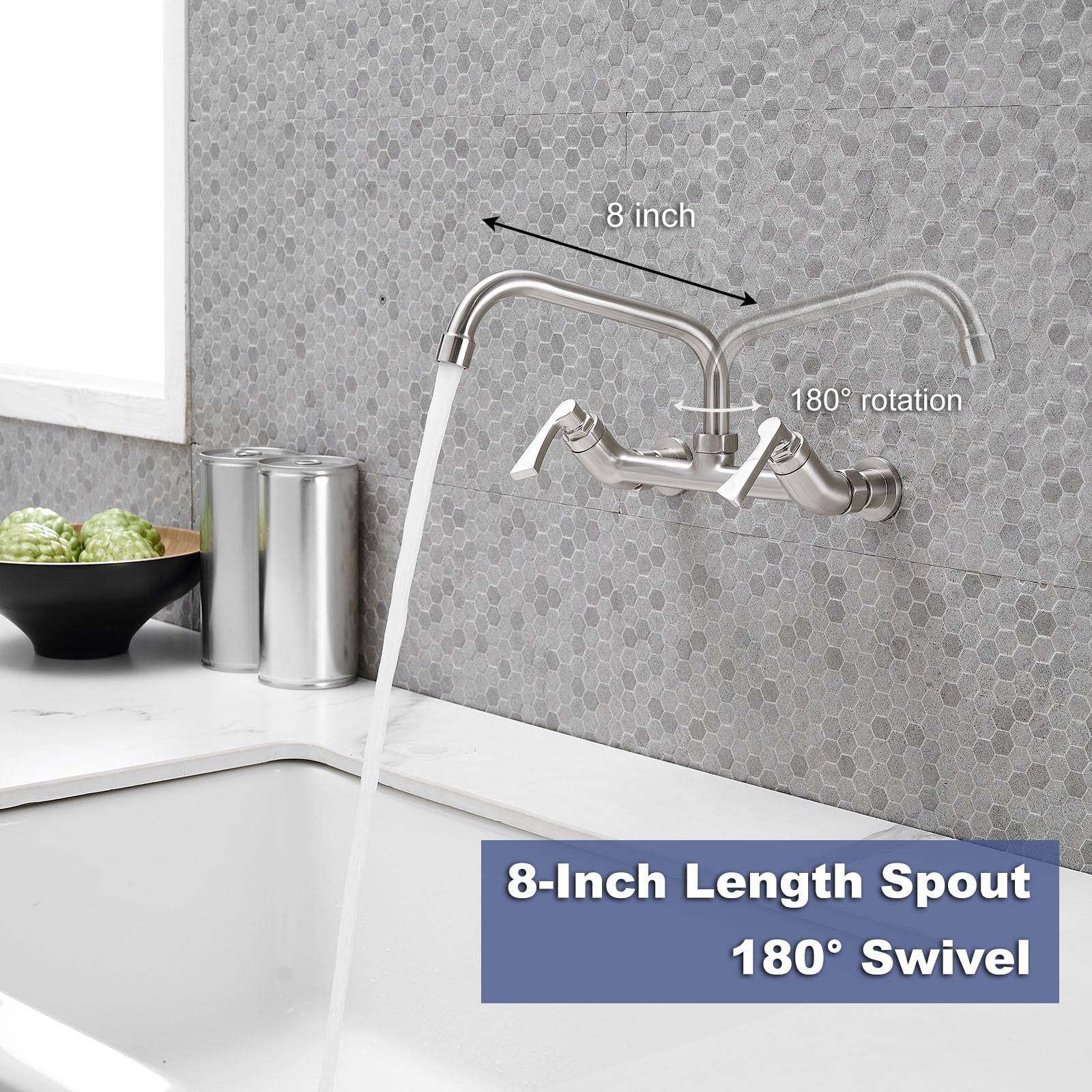 Bathfinesse Wall Mount Faucet, Commercial Kitchen Sink Faucet Brass With 8 Inch Swivel Spout 8" Center Adjustable 2 Handle Utility Sink Faucets, Brushed Nickel