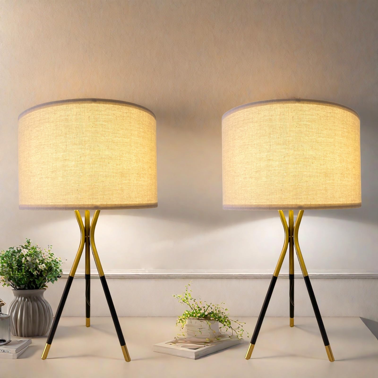 Jingoe 20.8" Modern Simple Table Lamp Set Of 2, Nightstand Lamp With Beige Linen Lampshade, Side Table Lamp For Bedroom Living Room Coffee Table Home Office (Includes 2 Bulbs)