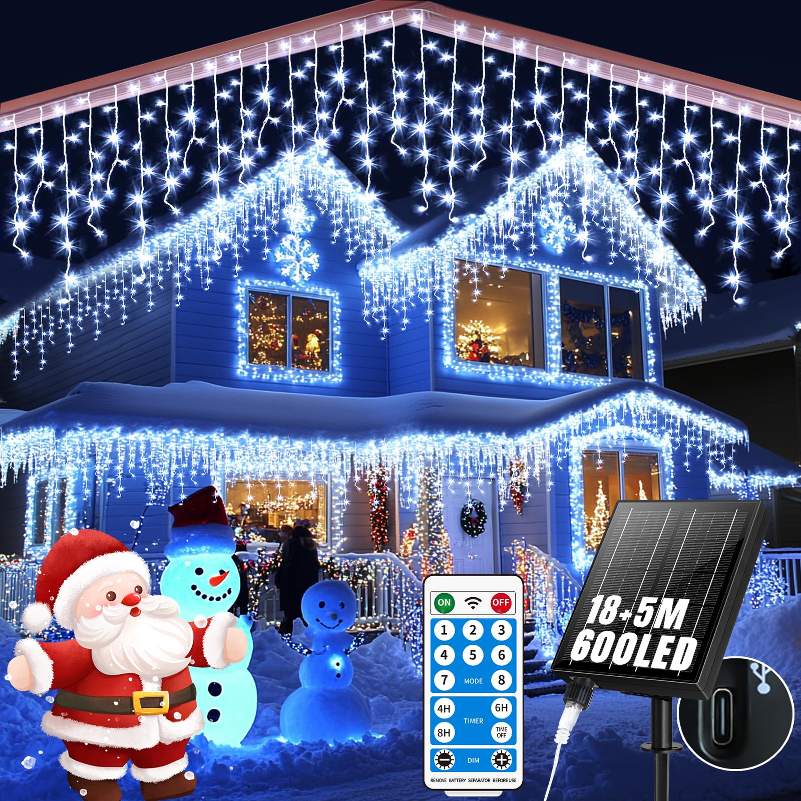 Qlirjad Solar Christmas Lights Outdoor Waterproof 60+16Ft 600 Led Icicle Lights For Outside With 2400Mah Connectable Rechargeable Dimmable Remote 8 Modes Fairy Lights For Xmas Yard Eaves Balcony Decorations
