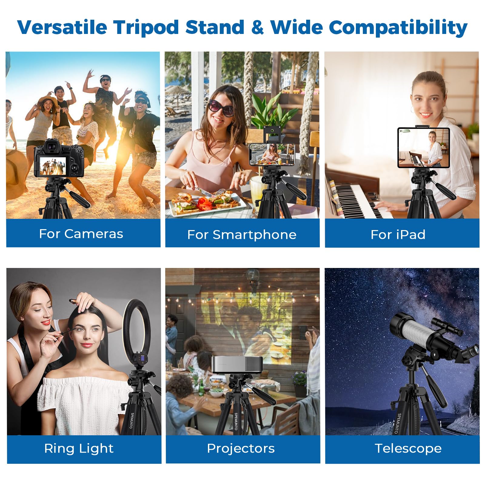 Zikzok 75" Heavy Duty Camera Tripod Stand With Bluetooth Remote - Max Load 15Lb, Aluminum Travel Tripod For Dslr/Phone/Tablet/Projector, 3-Way Pan Head & Quick Release Plate, Compact Foldable Design (Blue)