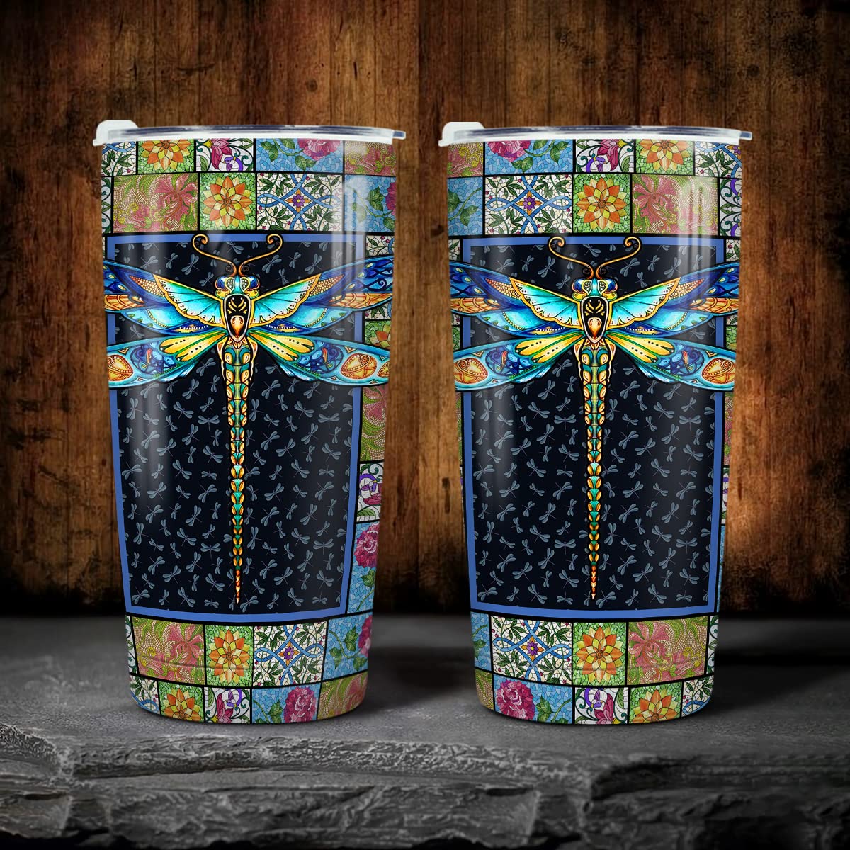 Winorax Dragonfly Tumbler Stainless Steel Insulated 20Oz Cup Mosaic Drawing Style Coffee Travel Mug