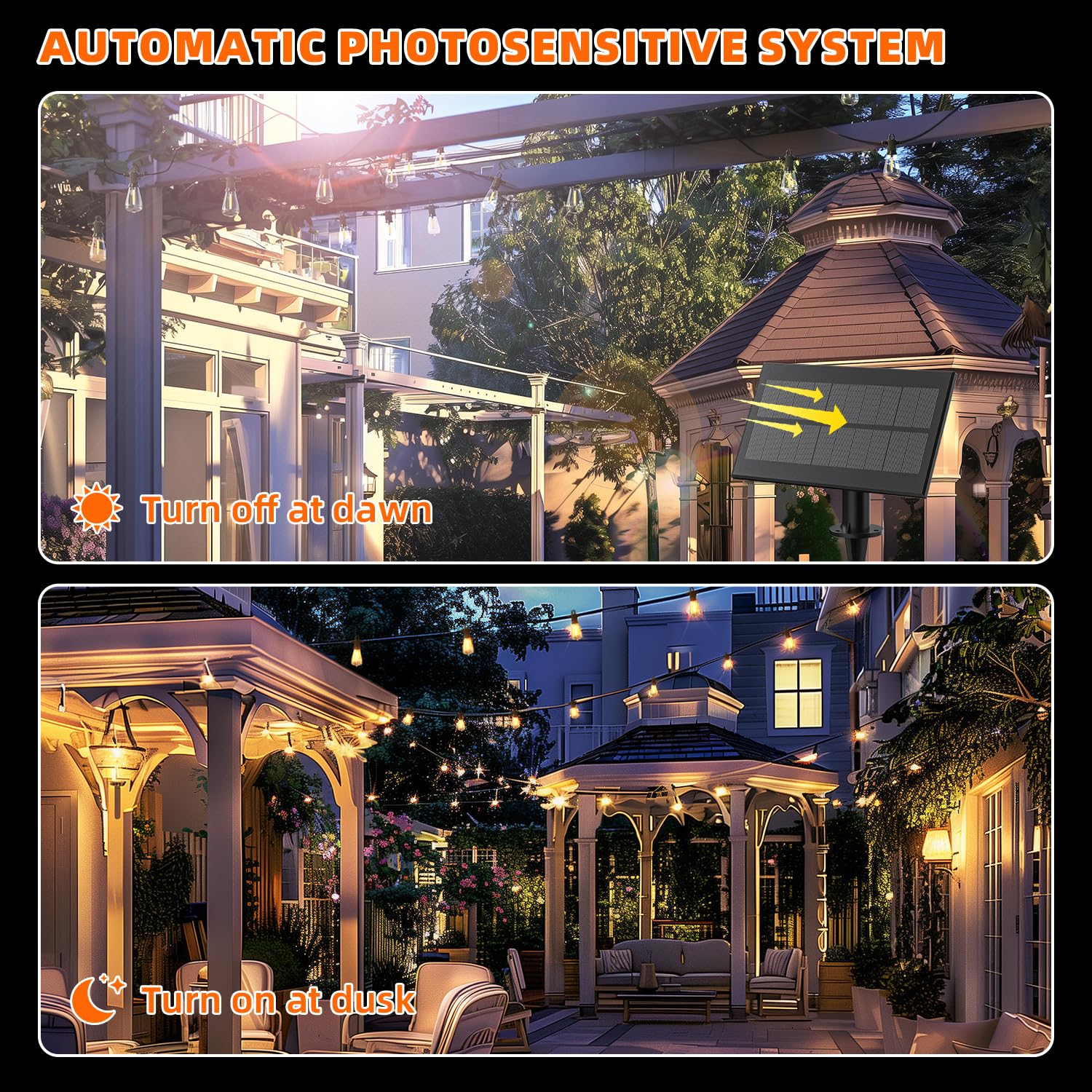 Kawaya Solar-Powered Outdoor String Lights: 100 Ft Led Outside Patio Lights With Usb-Charging - Ip65 Waterproof Hanging Lights - 50+2 Shatterproof Edison Bulbs For Bistro Cafe Camp Yard Porch Balcony