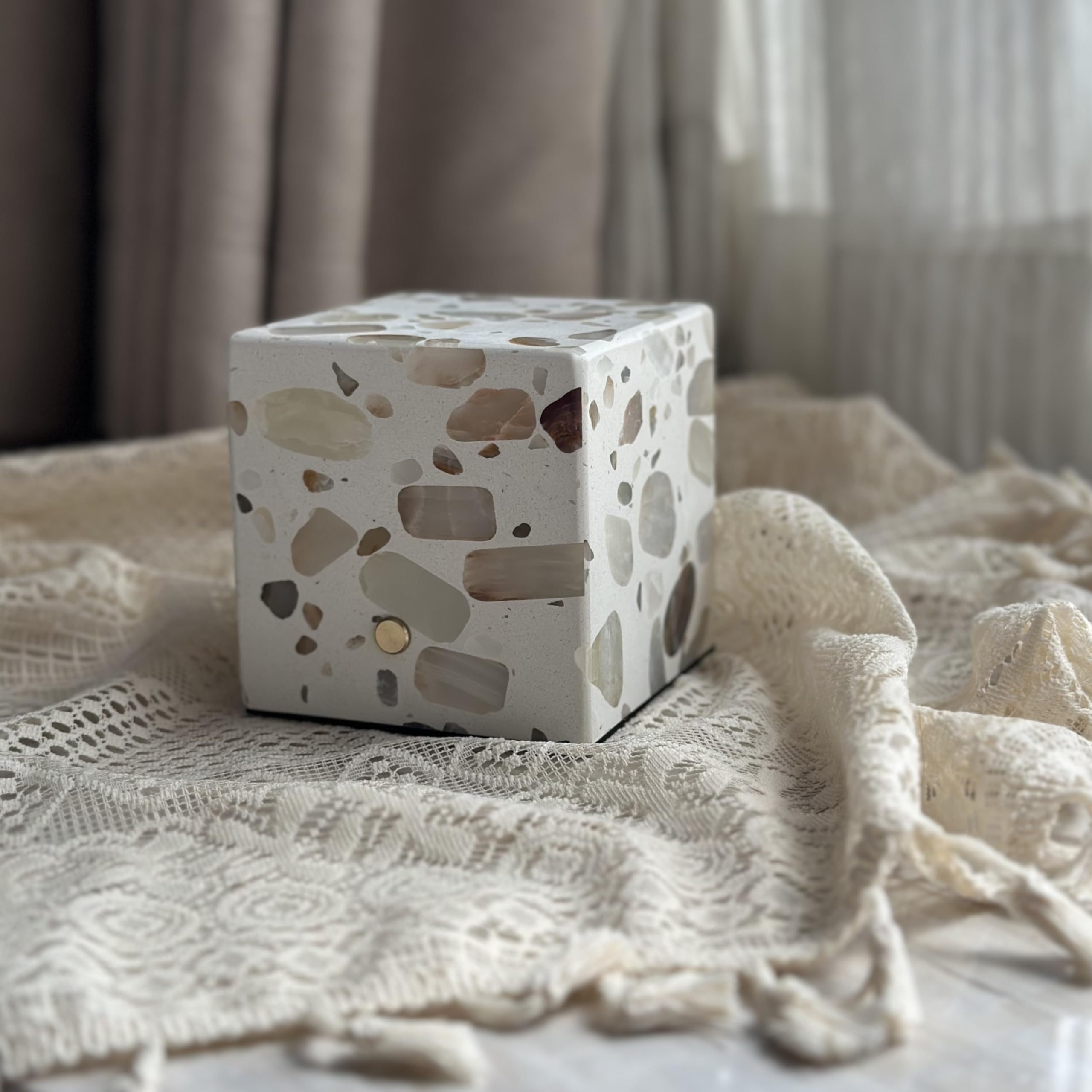 Fonglight Jade Cube Table Lamp- Rechargeable Touch Dimmer,3 Color Modes, 3.94-Inch,Unique Stone Texture,Unique Art Décor For Home/Bedside/Office(Ivory White)