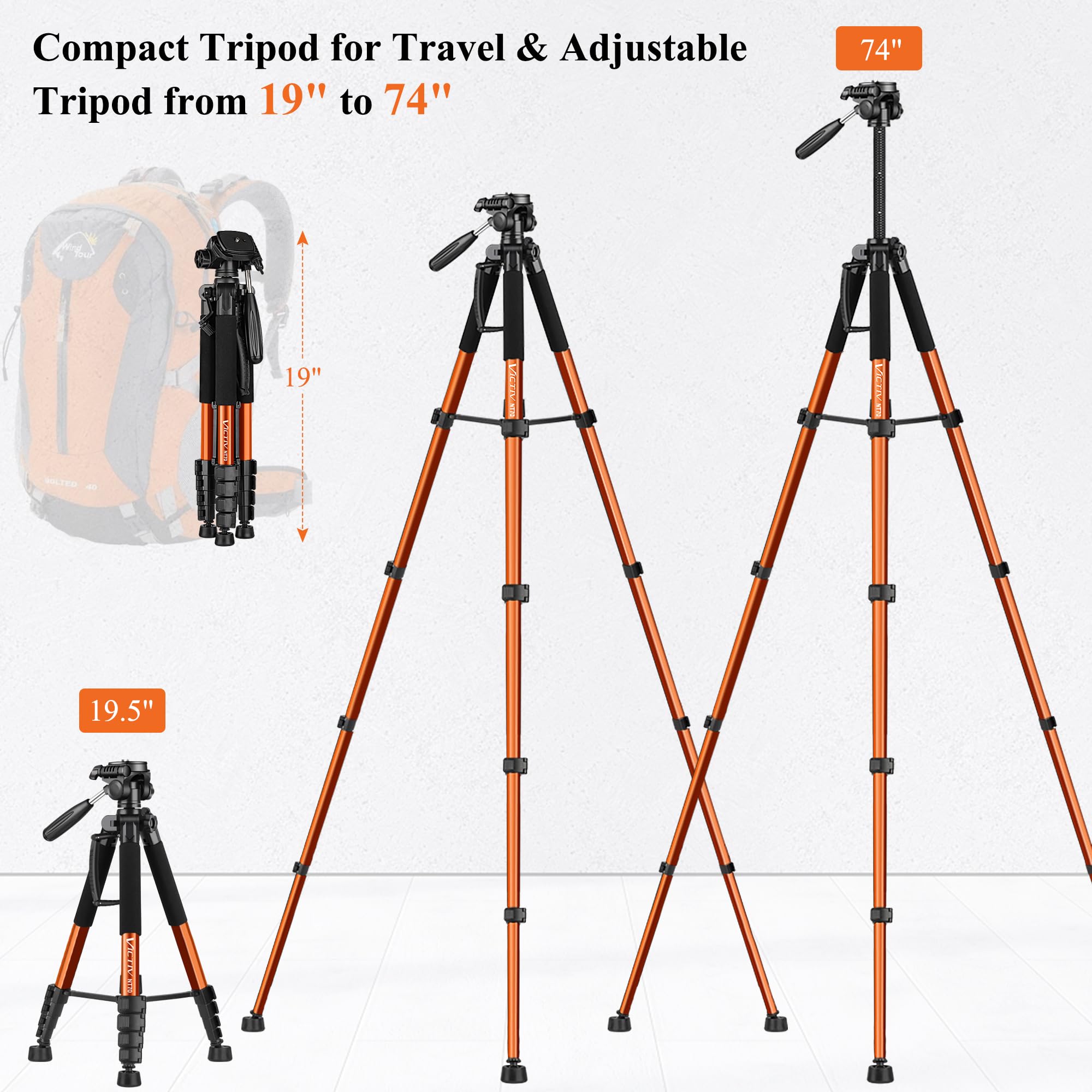 Victiv Tripod 74-Camera-Tripod For Cell Phone, Aluminum Professional Heavy Duty Camera Tripod Stand, Tripod For Camera Dslr Slr With Carry Bag, Compatible With Canon Nikon Iphone