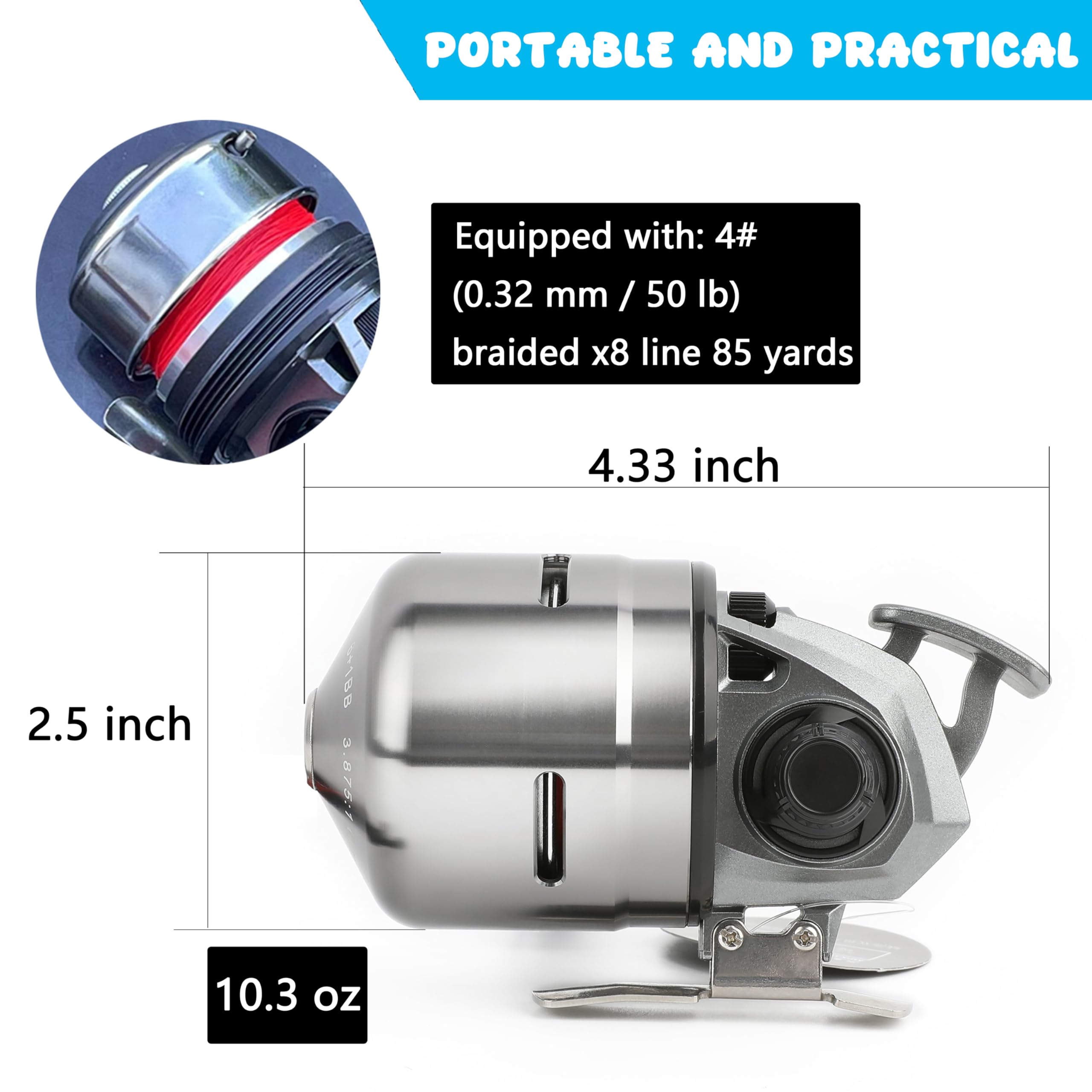 Ameyxgs Mpx39 Bowfishing Reel For Archery Hungting Bow Fishing, Stainless Steel And Aluminium, Left/Right Reversible Handle, 3.875:1 Gear Ratio, Strong Line 4# 85 Yards 0.32Mm/50Lb