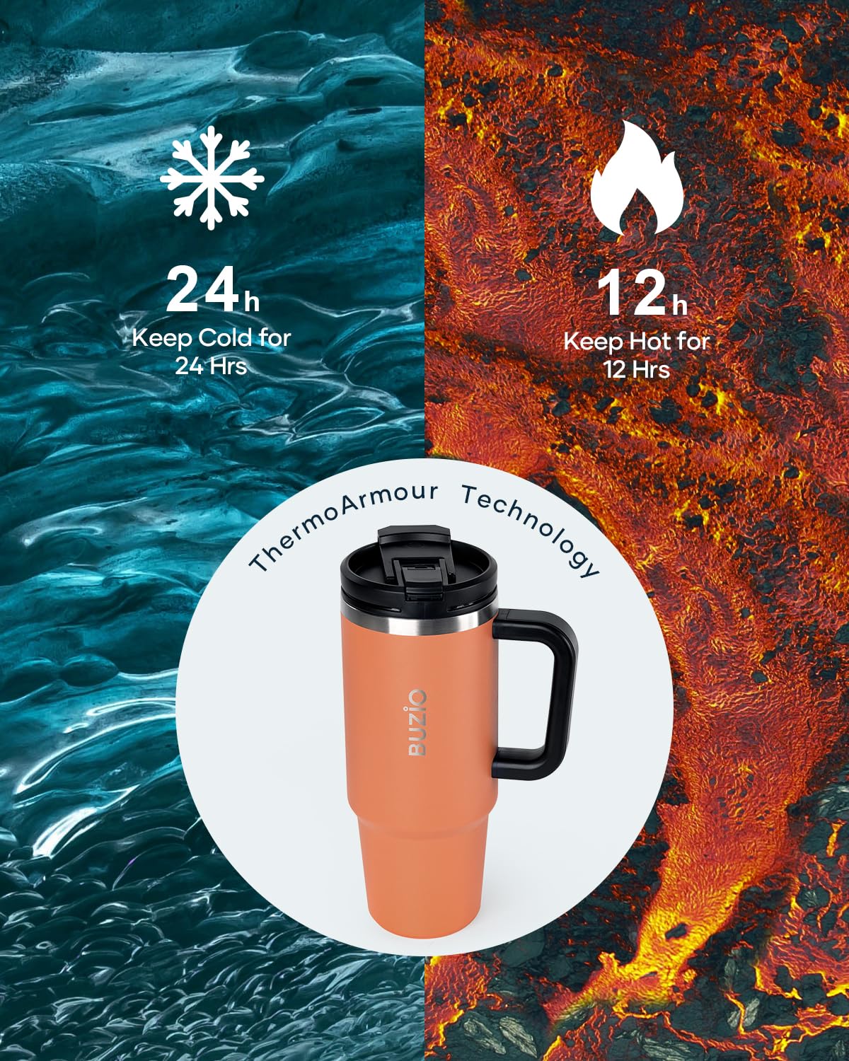 Buzio 40Oz Tumbler With Handle And Straw Lid, Stainless Steel Water Bottle Fits In Cup Holder