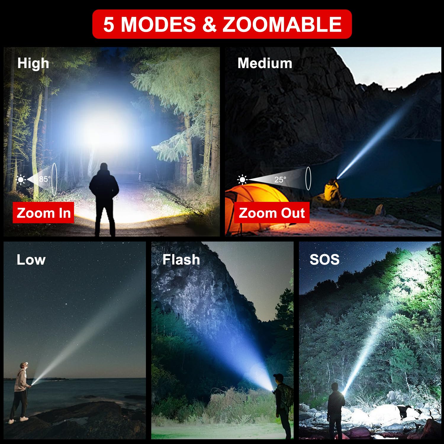 Hyvczp Led Flashlights - Mini Camping Flashlights With 2000 High Lumen, 5 Modes, Zoomable Beam - Powerful, Bright, And Portable Handheld Flashlight For Camping Gear, Hiking, Walking (2)