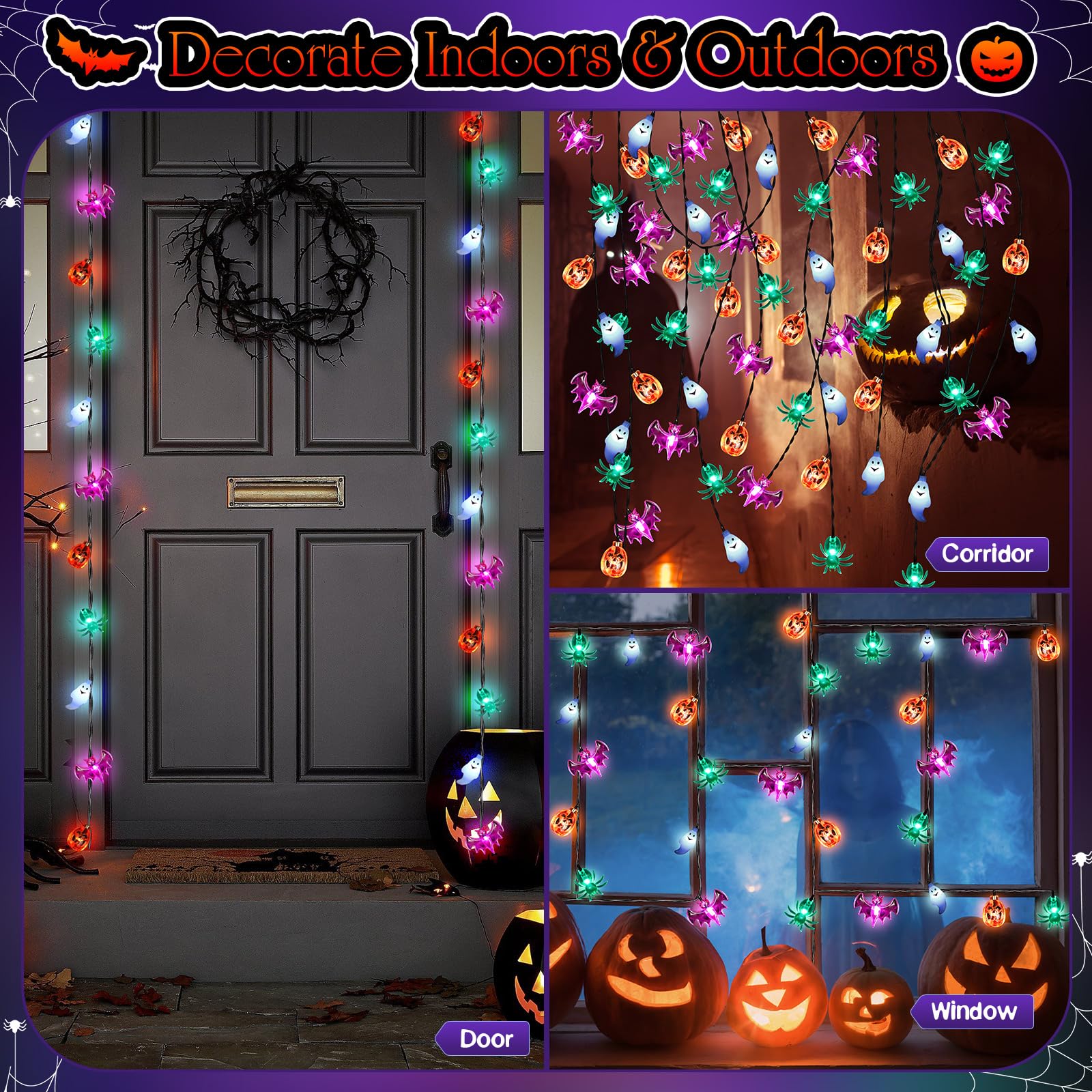 Enhon Halloween Lights, 26 Ft 40Led Solar Halloween Pumpkin Bat Ghost Spider Lights For Decoration, Ip44 Waterproof Lights With 8 Modes For Garden(Orange, Cool White, Green, Dark Purple,1 Pc)
