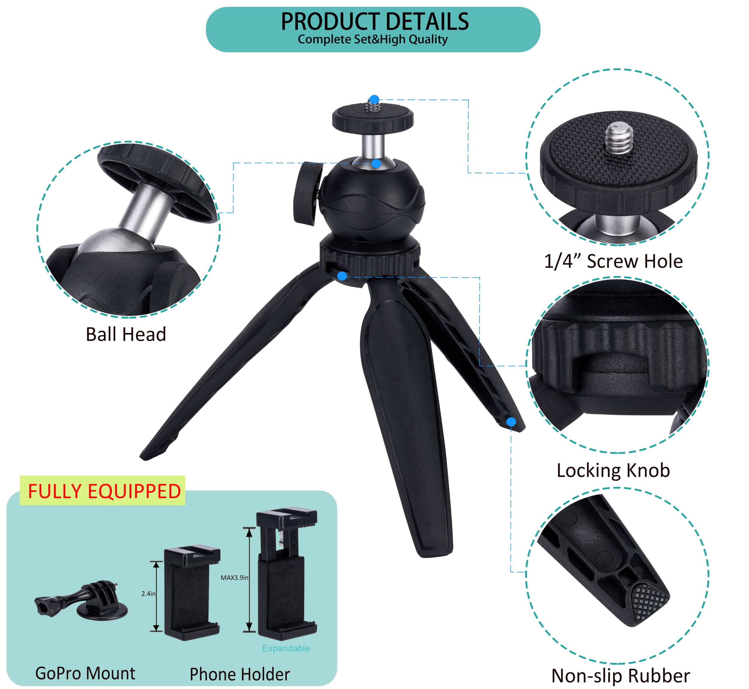 Ytvariw Mini Camera Tripod With Phone Holder & Gopro Mount,360° Ball Head Extendable Small Selfie Stick Tabletop Tripod Manfrotto Tripod For Dslr Camera,Gopro,Webcam,Iphone,Webcam Portable Cellphone Stand