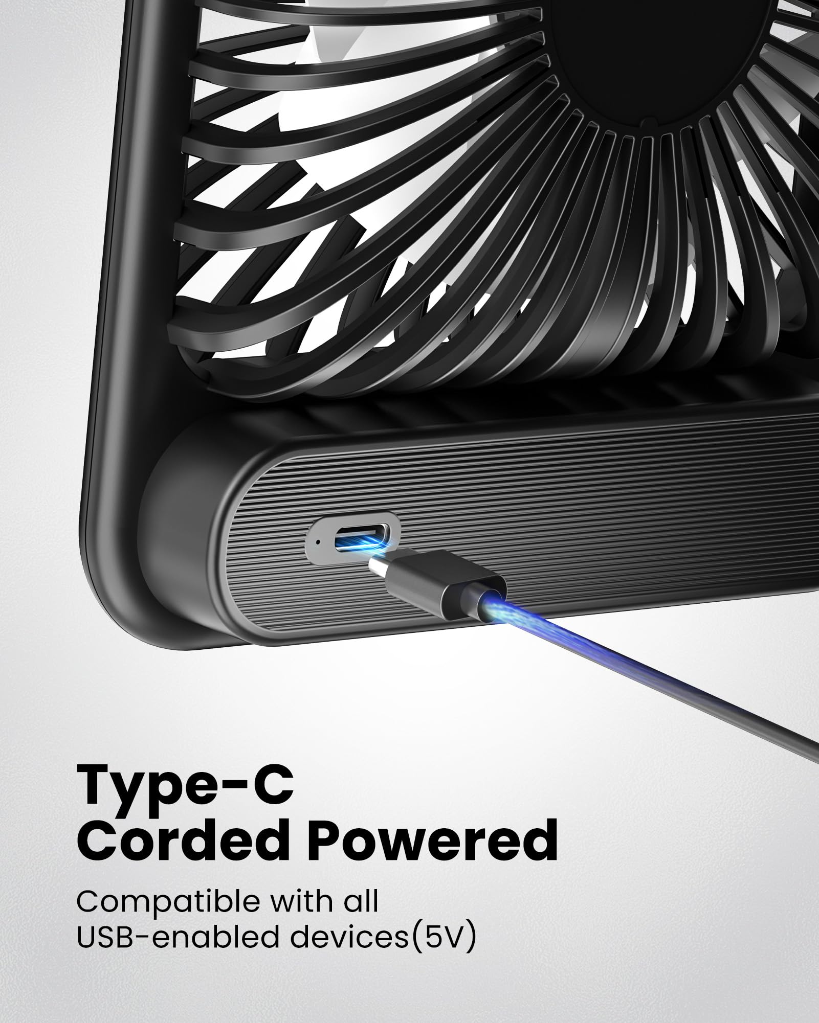 Koonie USB Desk Fan, Strong Wind Ultra Quiet Small Personal Fan with 180° Tilt Folding and 3 Speeds Adjustable - Koospark