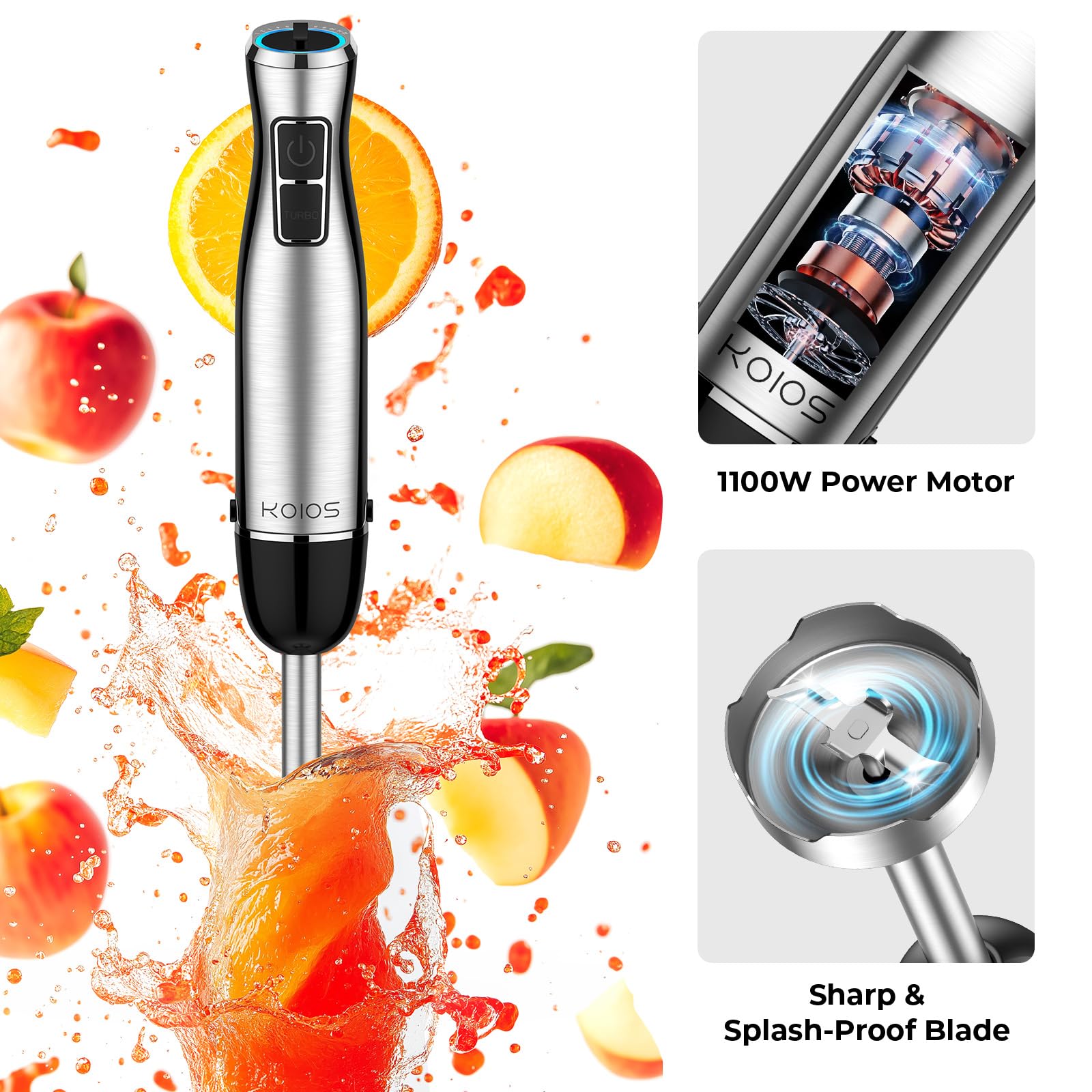 Koios Immersion Blender, 1100W 5-In-1 Multi-Purpose Hand Blender, 12-Speed, 600Ml Beaker, 500Ml Chopper, Egg Whisk, Milk Frother, Black