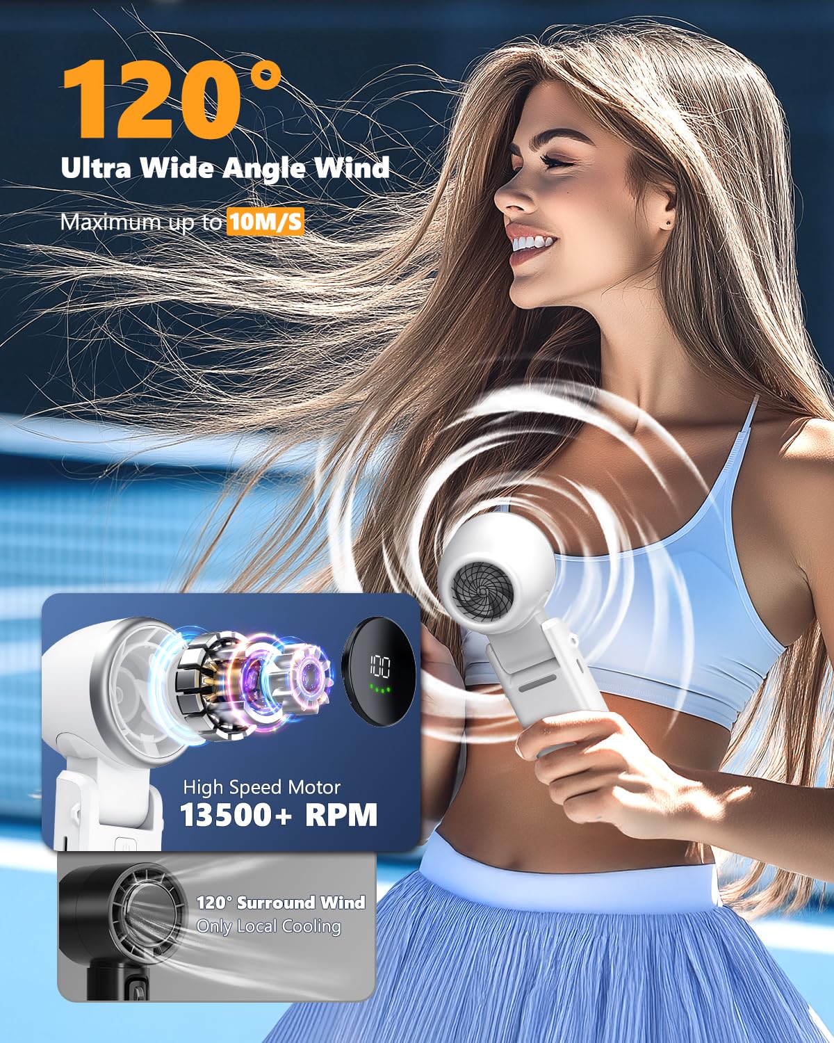 Portable Handheld Turbo Fan, Stepless 100 Gear Wind Rechargeable Personal Hand Fan, 5000Mah Handheld