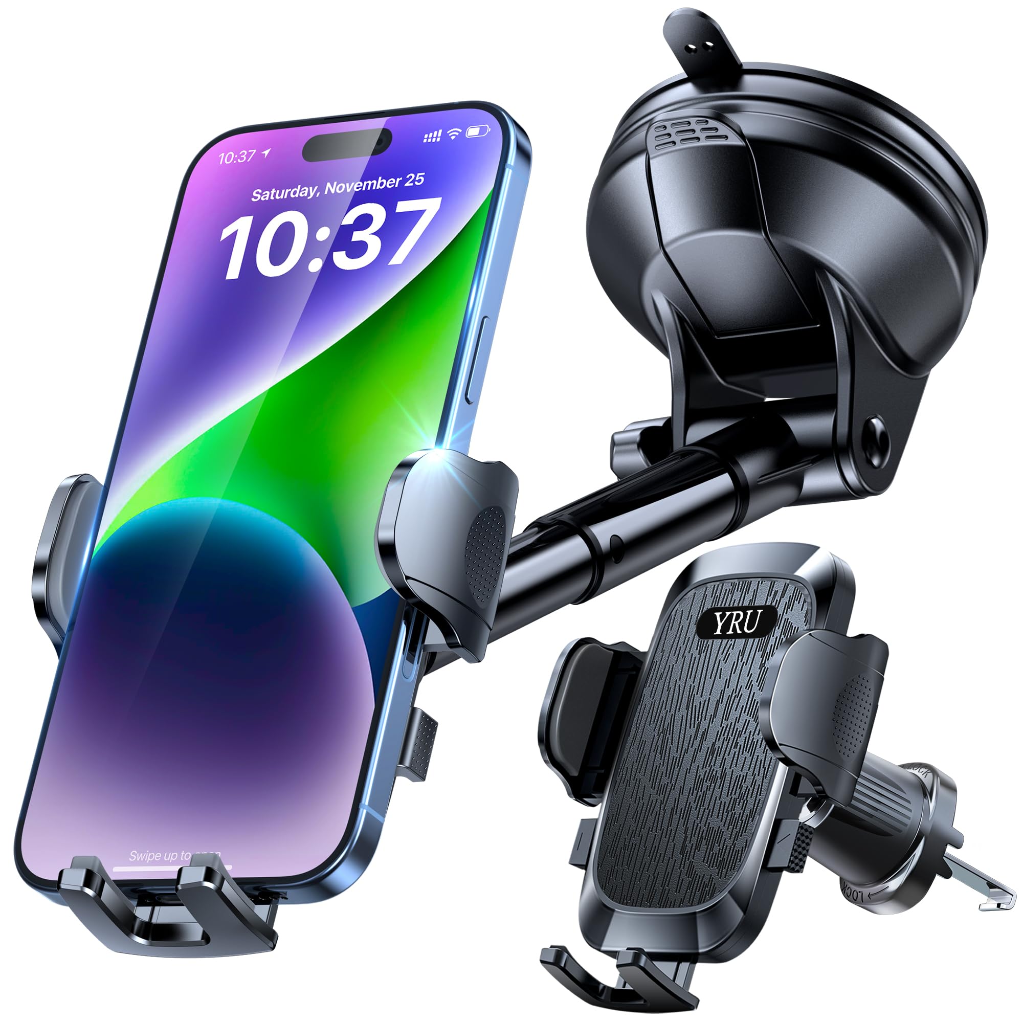 Yru 【True Military-Grade】Car Phone Holder【 Strongest & Rotatable Suction Cup】Cell Phone Mount For Dashboard Windshield, Truck Cradle Dash Stand For Iphone 16 Pro Max 15 14 13 12 Android, Black