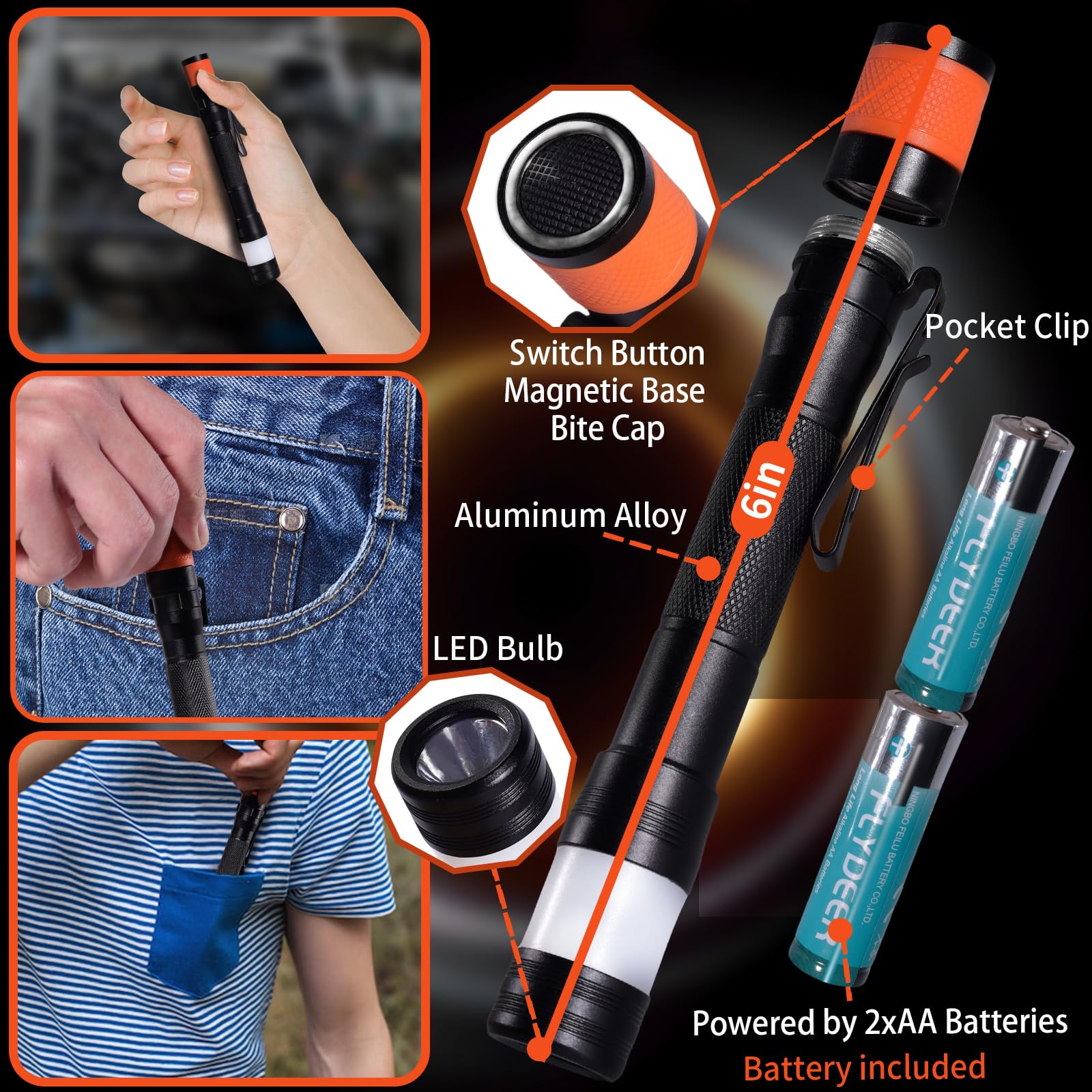 Kunhe Probe Led 250 Lumens Pen Flashlight High Lumens With Aa2 Alkaline Batteries(Included) And Magnetic Base For Inspection Repair Engineer For Husband Dad