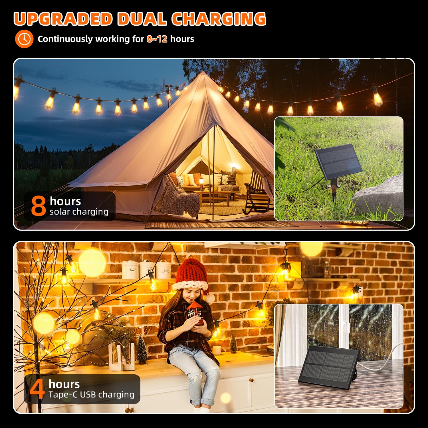 Kawaya Solar-Powered Outdoor String Lights: 100 Ft Led Outside Patio Lights With Usb-Charging - Ip65 Waterproof Hanging Lights - 50+2 Shatterproof Edison Bulbs For Bistro Cafe Camp Yard Porch Balcony