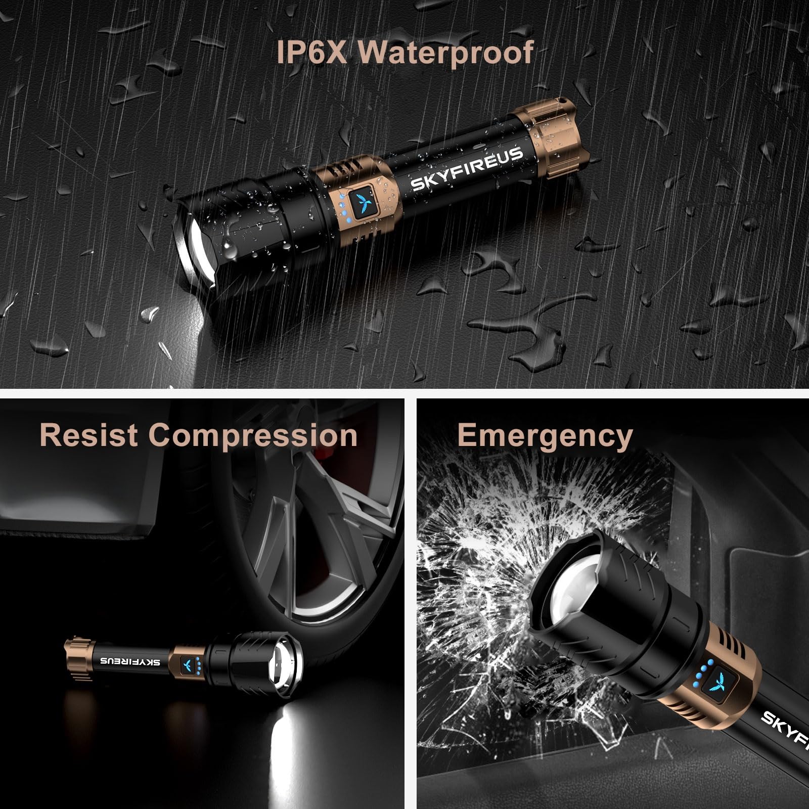 Skyfire Led Flashlights High Lumens With Ignition Lens,1500000Lm Super Bright Rechargeable Flashlight, Zoomable,Four Modes,Waterproof Tactical Flash Light For Camping Essentials,Outdoor And Home