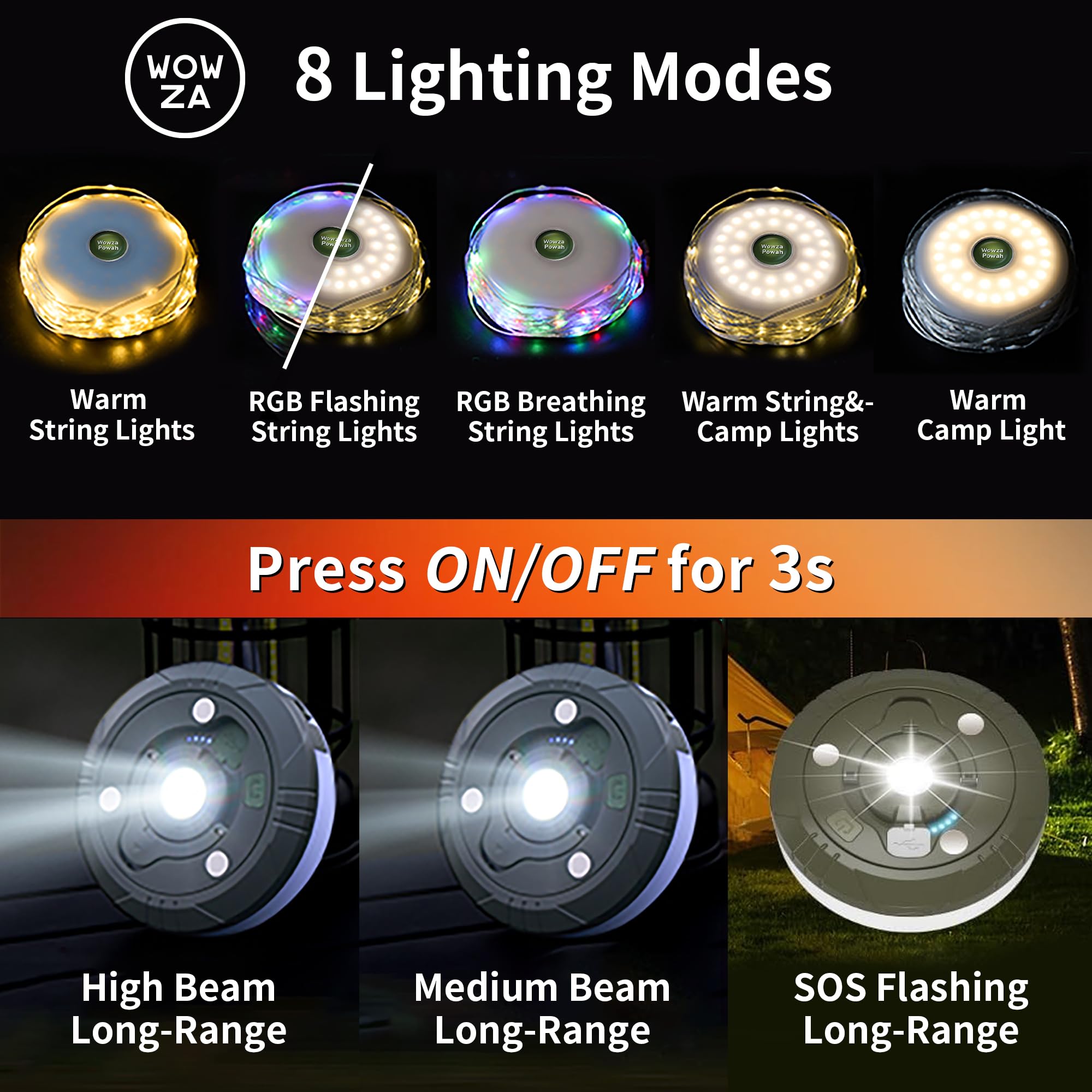 Wowza Powah 4 In 1 Camping String Lights 32.8Ft Outdoor Quick Storage Camping Lights String & Lanterns, 8 Modes Retractable Camping Essentials Waterproof Camp Lights For Tent Gear