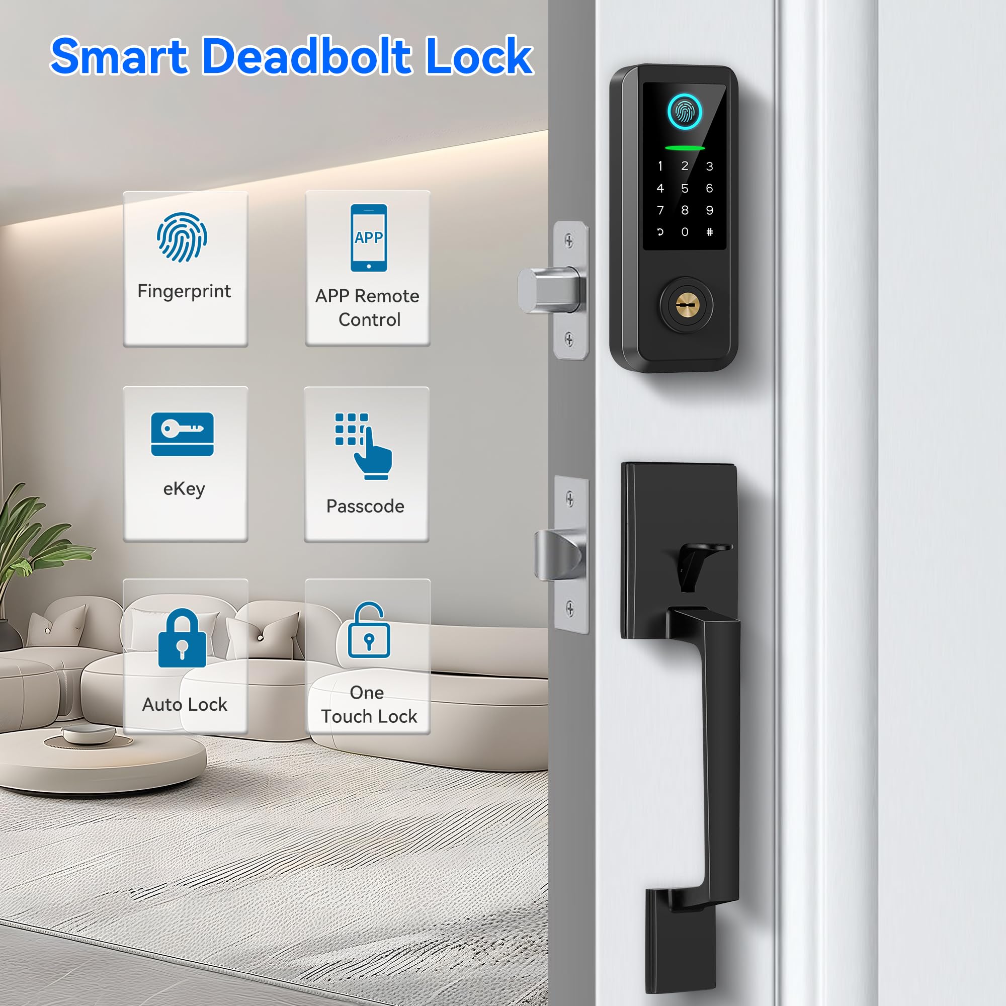 Yosimika Fingerprint Smart Door Lock With Handle Set, Keyless Entry Door Lock With Keypad,5-In-1 Deadbolt,Bluetooth Deadbolt With Auto Lock,Black