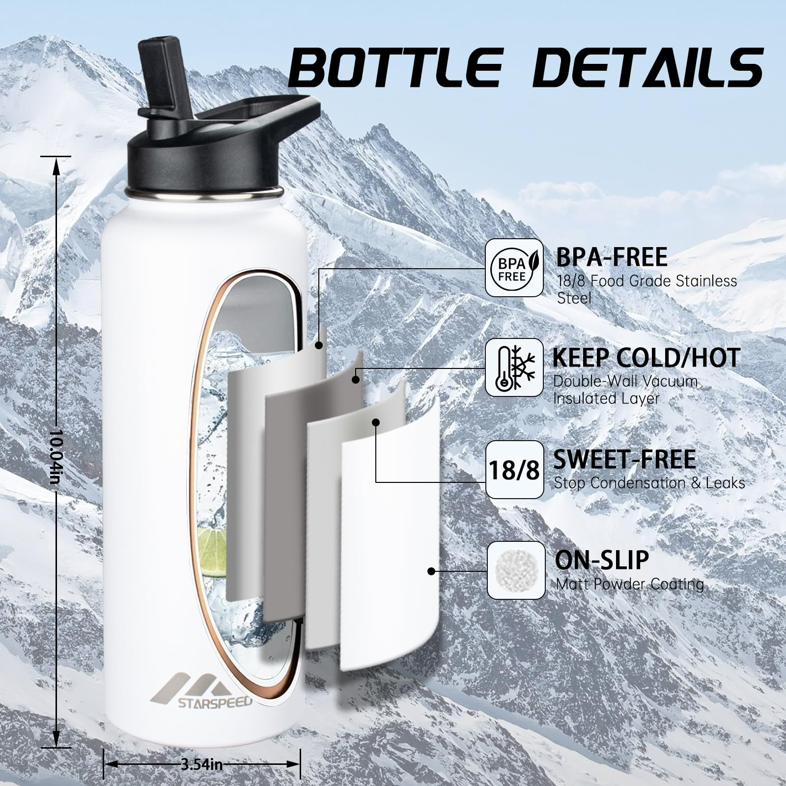 Starspeed 40Oz Insulated Water Bottle With Straws & 2 Lids, Stainless Steel Double Walled Vacuum