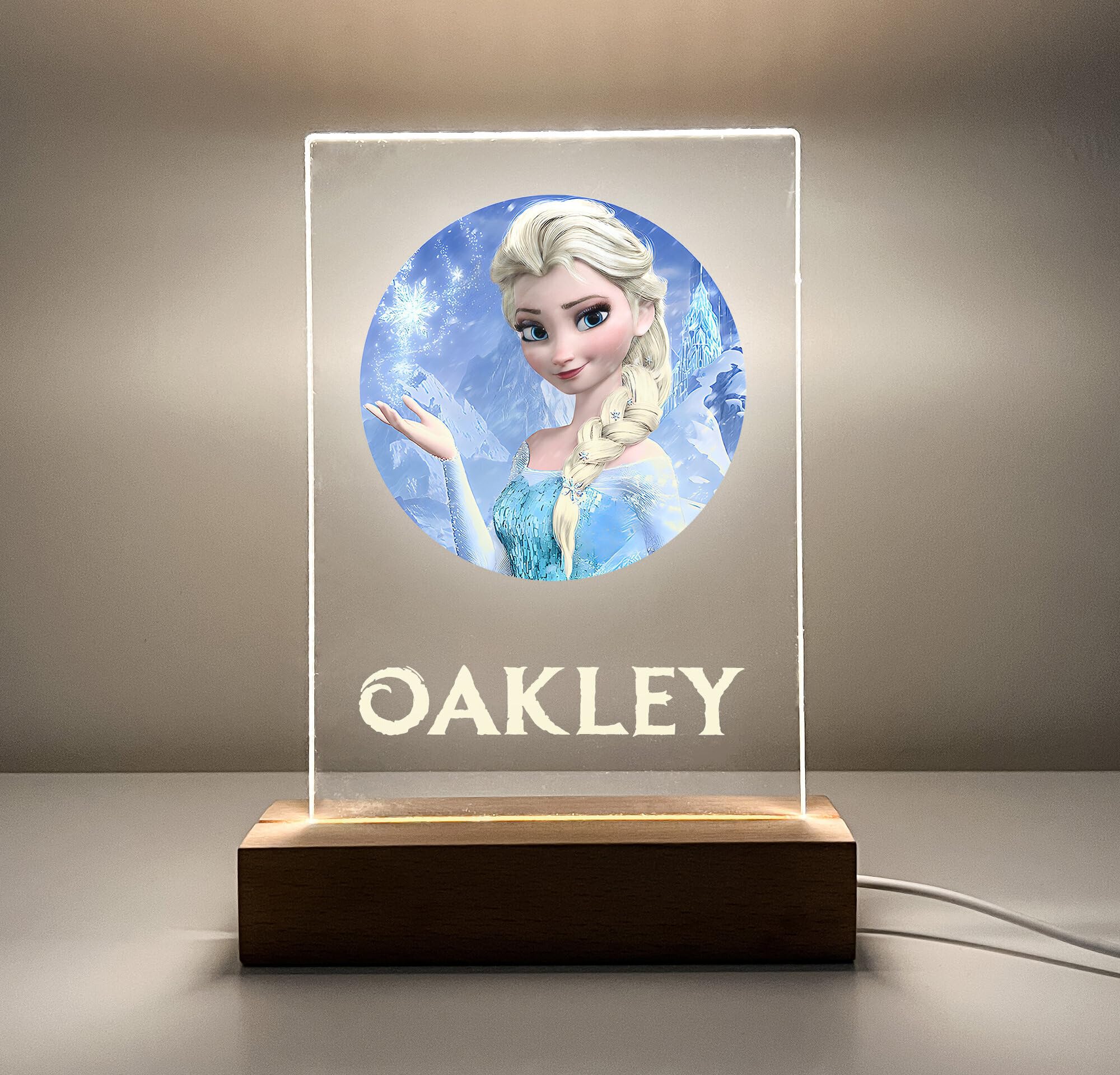 Mirror Mania Frozen Premium Elsa Wood Base Stand Soft Night Light Up Table Desk Lamp Led Princess Sign Personalized Engraved With Your Name On It, Made To Order Home Girls Room Decor, A Must Have