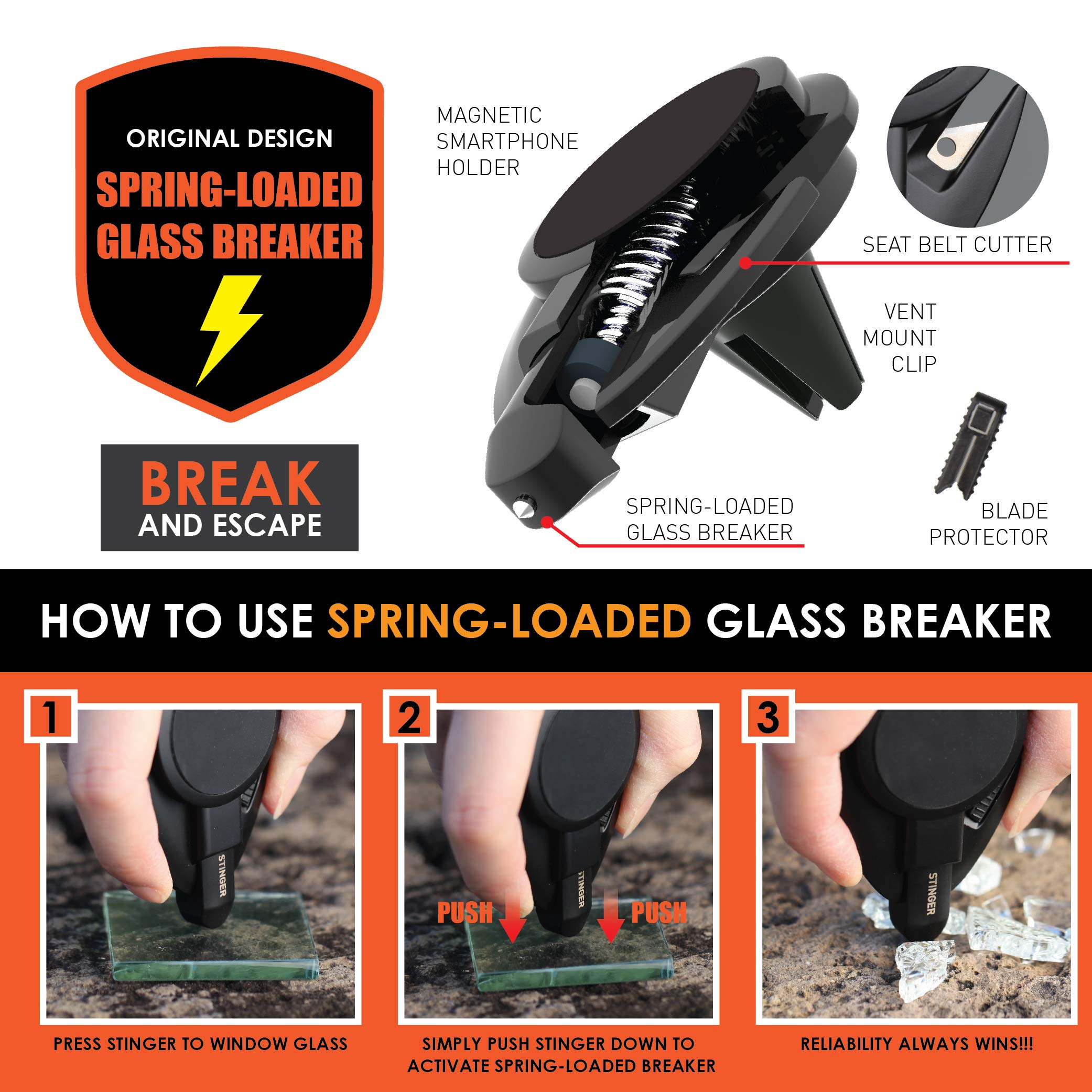 Ztylus Stinger Car Phone Holder With Emergency Escape Tool: Universal Air Vent Magnetic Cell Phone Mount Holder, Spring Loaded Window Breaker, Seat Belt Cutter, Cradle Stand Holder (Black)