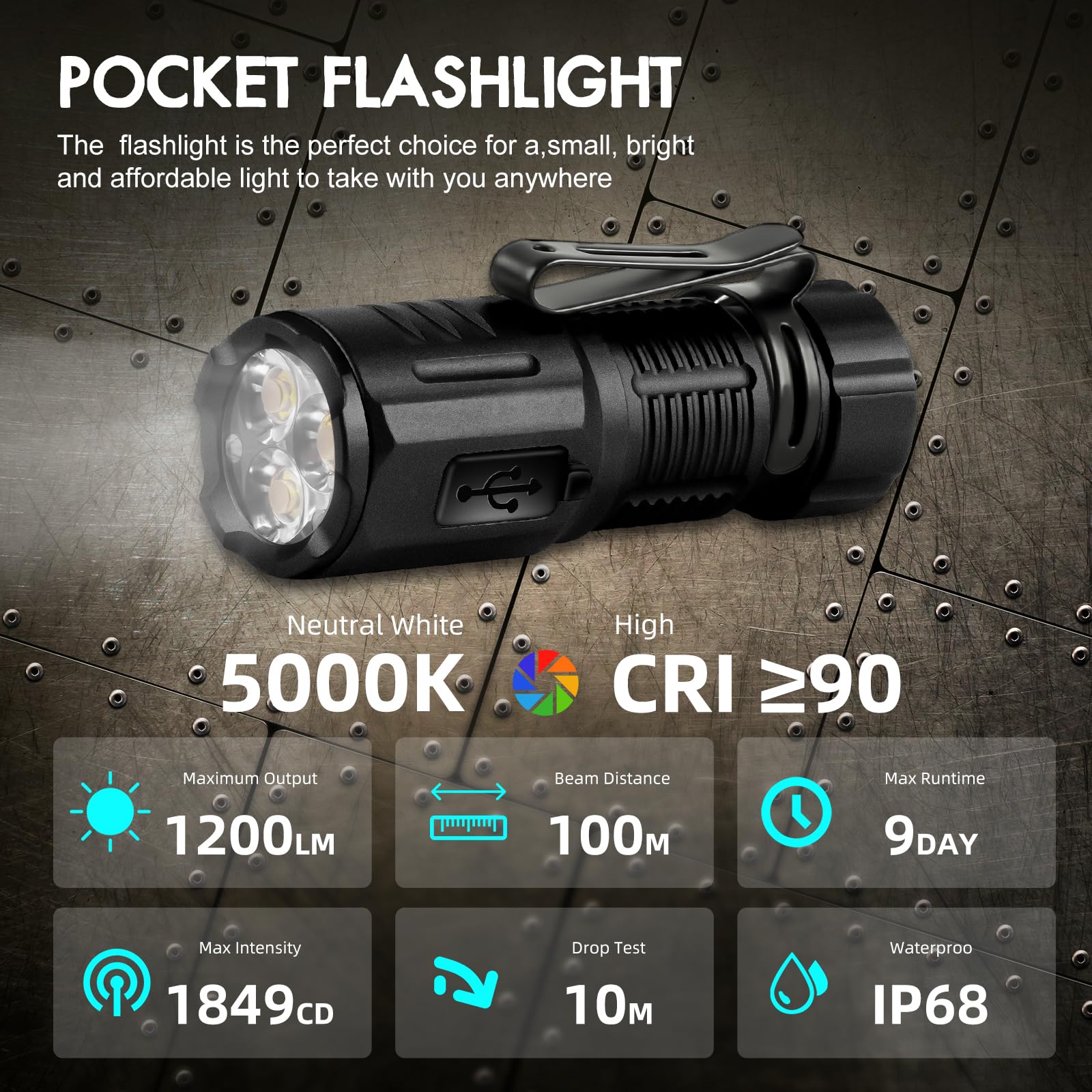 Ruisiya Rechargeable Edc Flashlight 1200 Lumens 3 Light Sources Compact Pocket Clip Light, Led Super Bright Small Flashlight,7 Modes Portable Magnetic Mini Flashlight For Outdoor Camping Emergencies (Black)