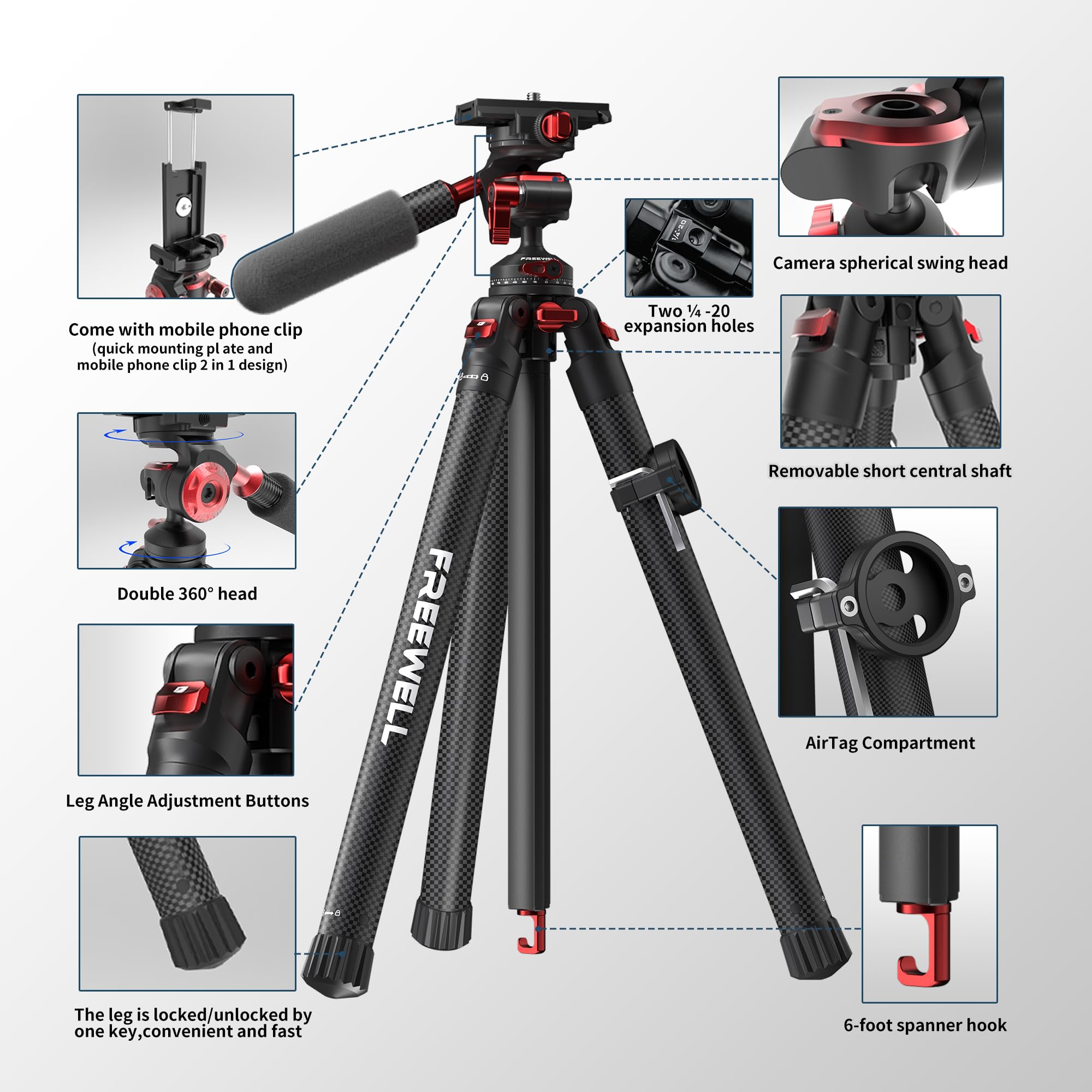 well Carbon Fiber Travel Tripod 59.1" Lightweight 1.98Lbs Photo/Video 360°Ball Head (Max Load 5Kg/11 Lbs), Monopod, Quick-Release Plate, For Dslr Cameras & Smartphones