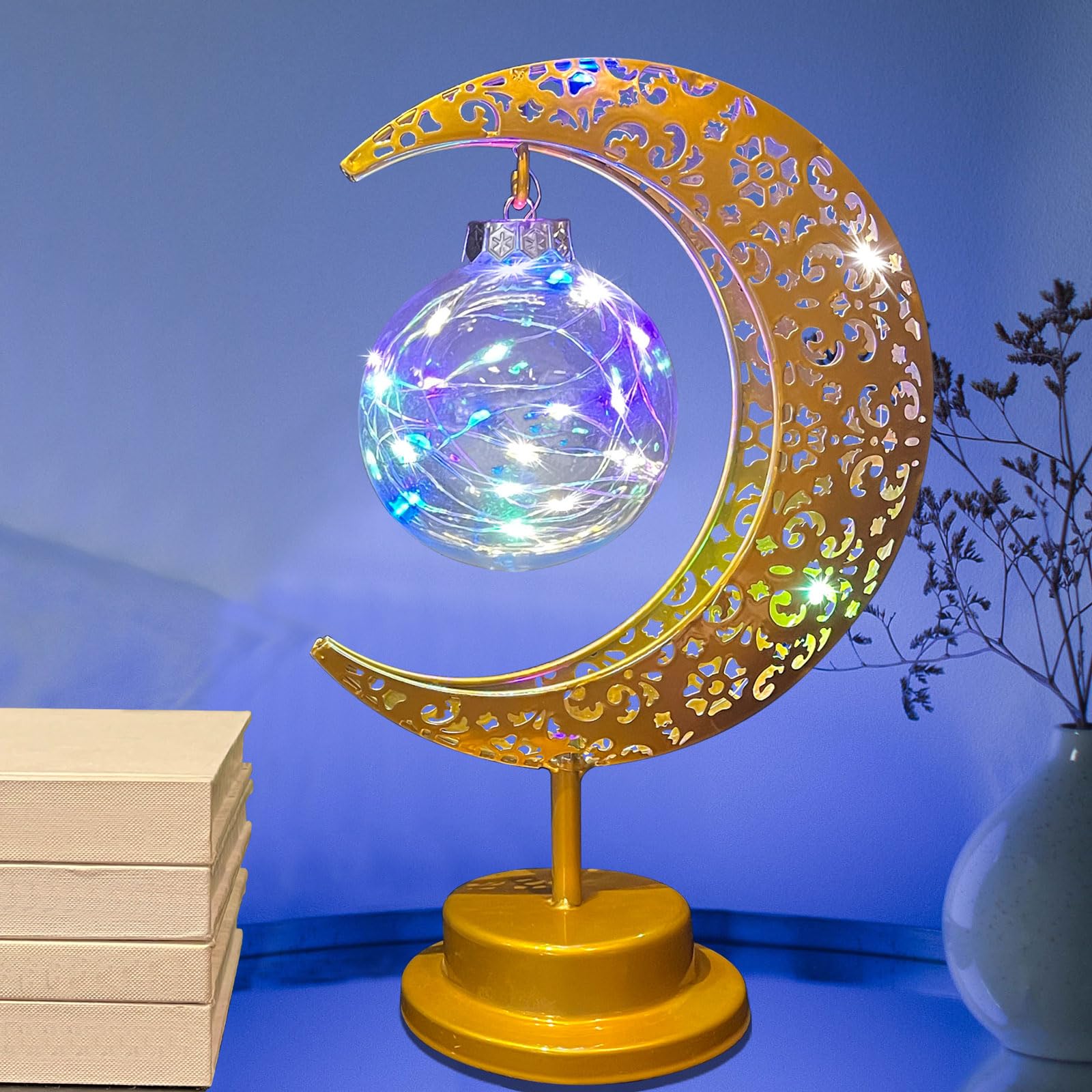 Mayamila Decorative Table Lamp, Crescent Moon Light Ramadan Table Decor, Battery Powered Christmas Ramadan Desk Lamp Decorations For Home, Patterned Hollow Out Colorful Boho Lamp For Bedrooms