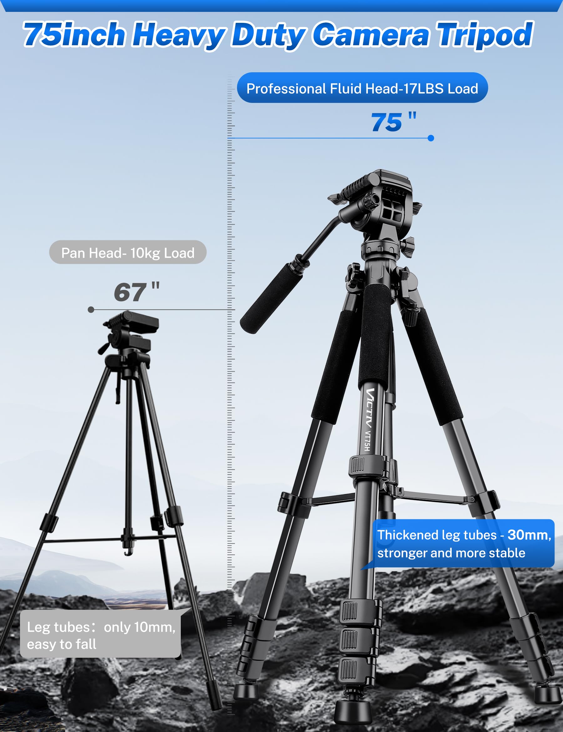 Victiv 75" Camera Tripod Stand, Heavy Duty & Ultra-Stable For Video Camera/Dslr/Cell Phone/Camcorder/Spotting Scopes, Professional Aluminum, Tall For Video Recording