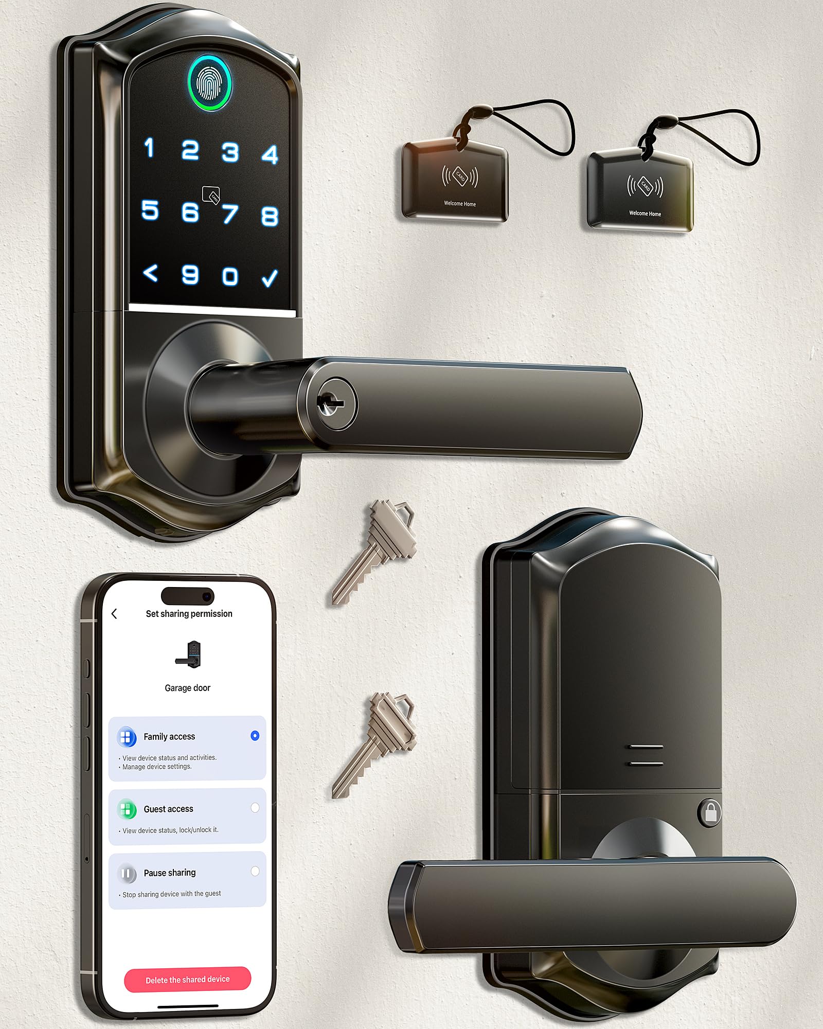 Veise Ve019 Fingerprint Smart Lock, 7-In-1 Keyless Entry Door Lock With Handle, App Control, Remotely Grant Access & Code, Electronic Keypad Smart Knob For Front Door, Easy Installation, Matte Black